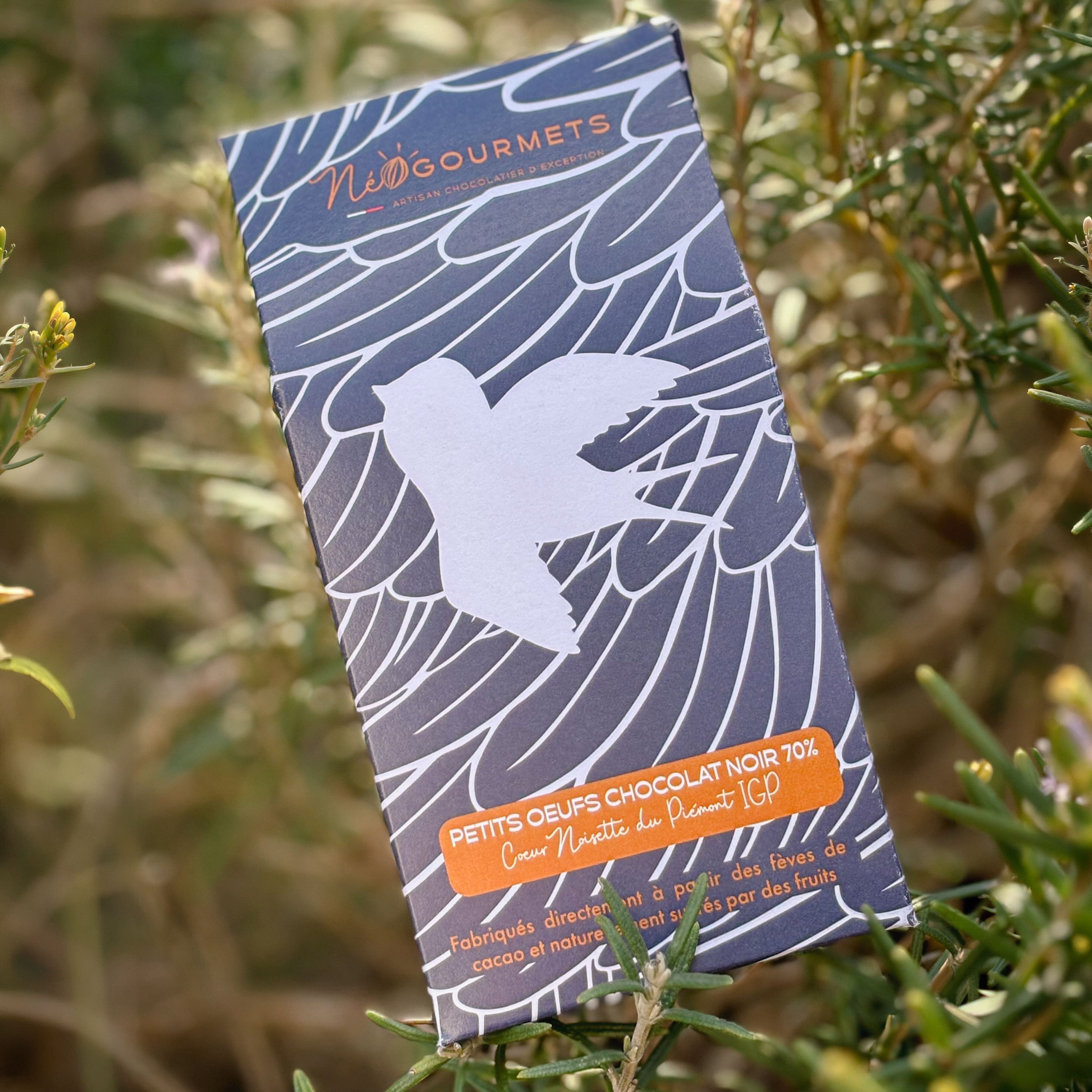 Petits trésors œufs pralinés chocolat noir cœur praliné noisettes, offre de Pâques - 100% artisanal, biologique et équitable