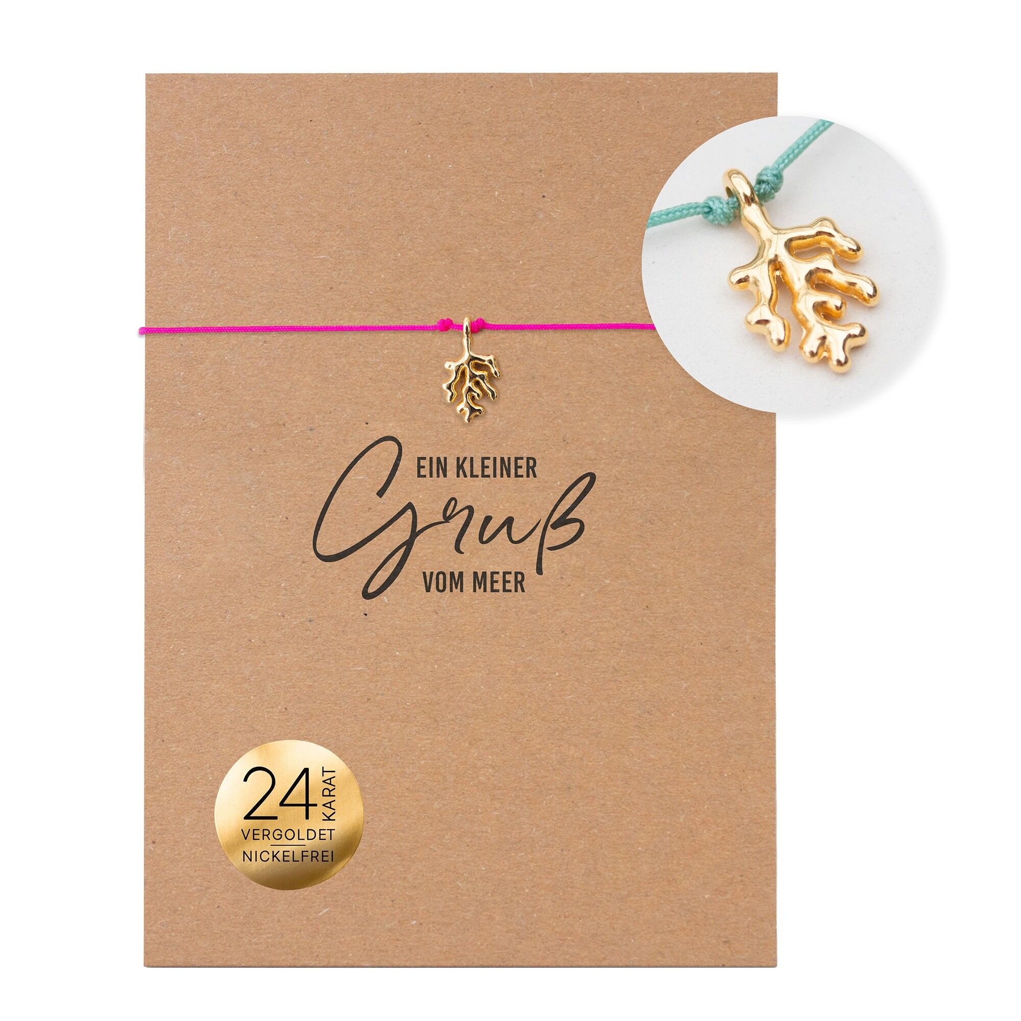Bracelet on card - Coral "A little greeting from the sea" - 24K gold-plated pendant - Macrame - DIN A6 recycled card - maritime collection