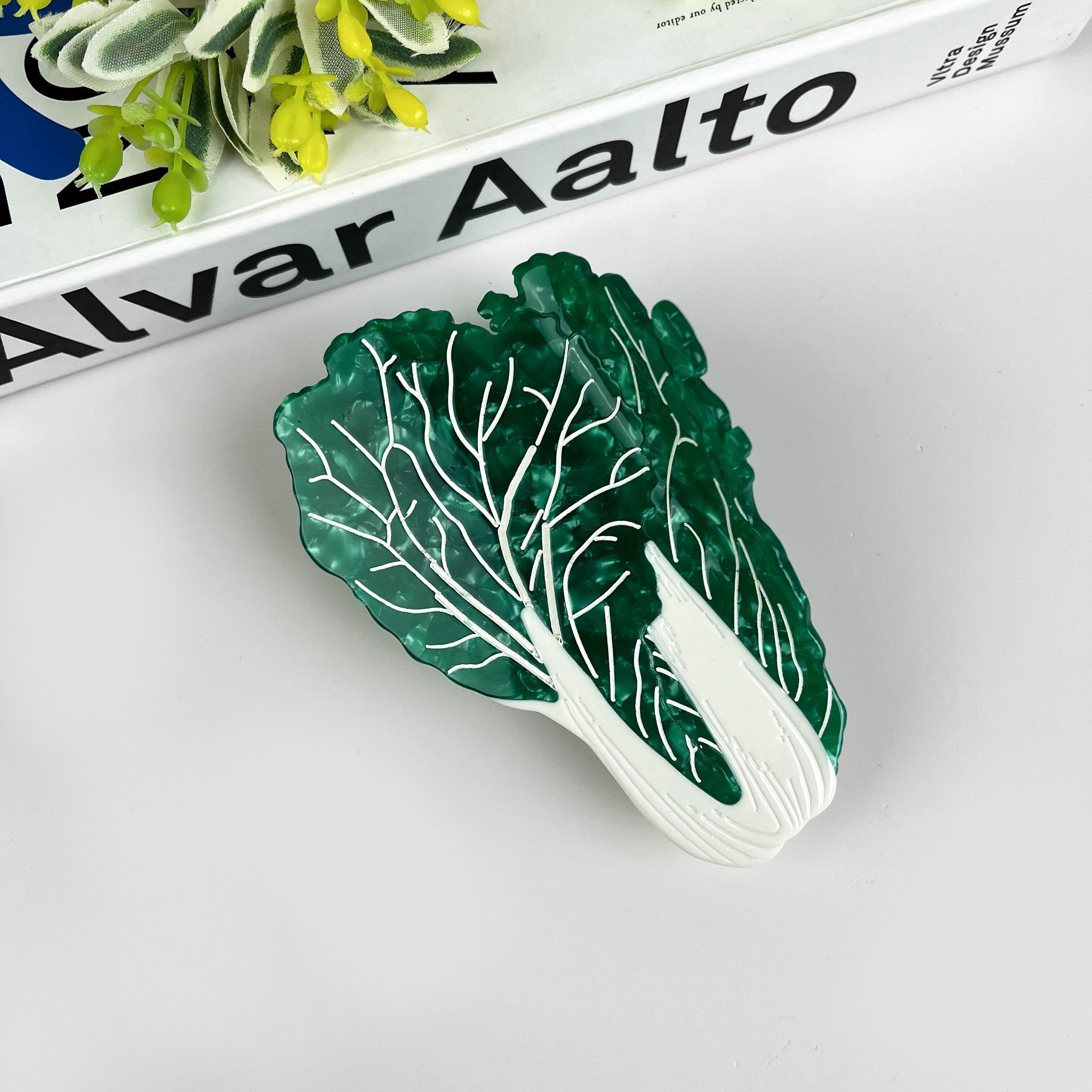 Haarspange aus Acetat mit grünem Kohl-Patchworkmuster – Kreatives Design