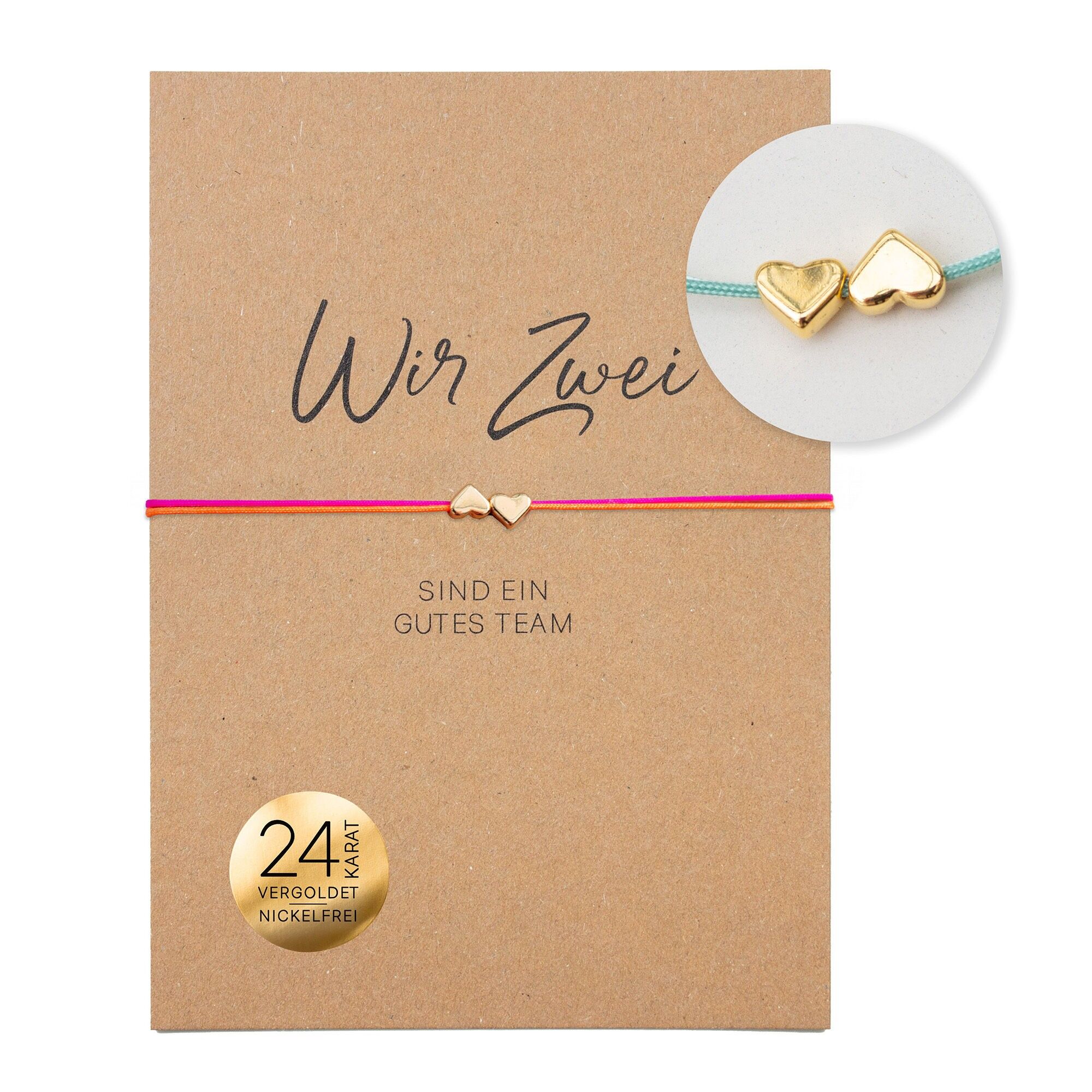 Bracelet on card - Two hearts "We two are a good team" - 24K gold-plated hearts - two-tone macrame - DIN A6 recycled card