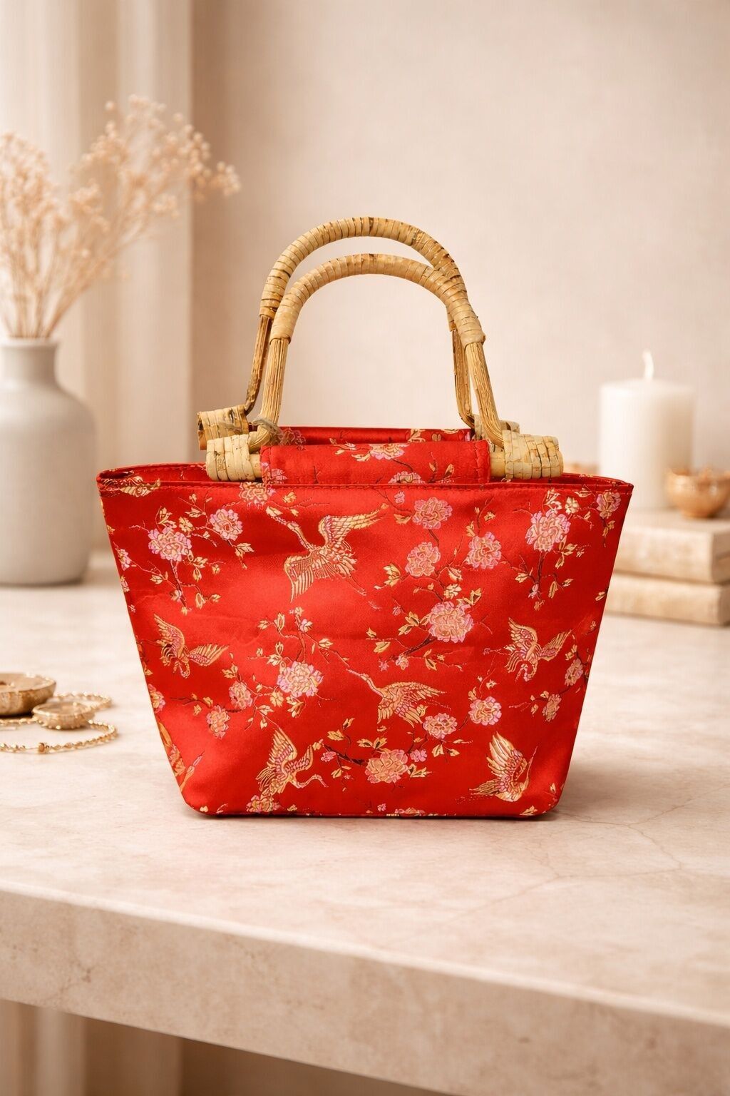 Elegant red Mihella crane motif handbags with bamboo look handles
