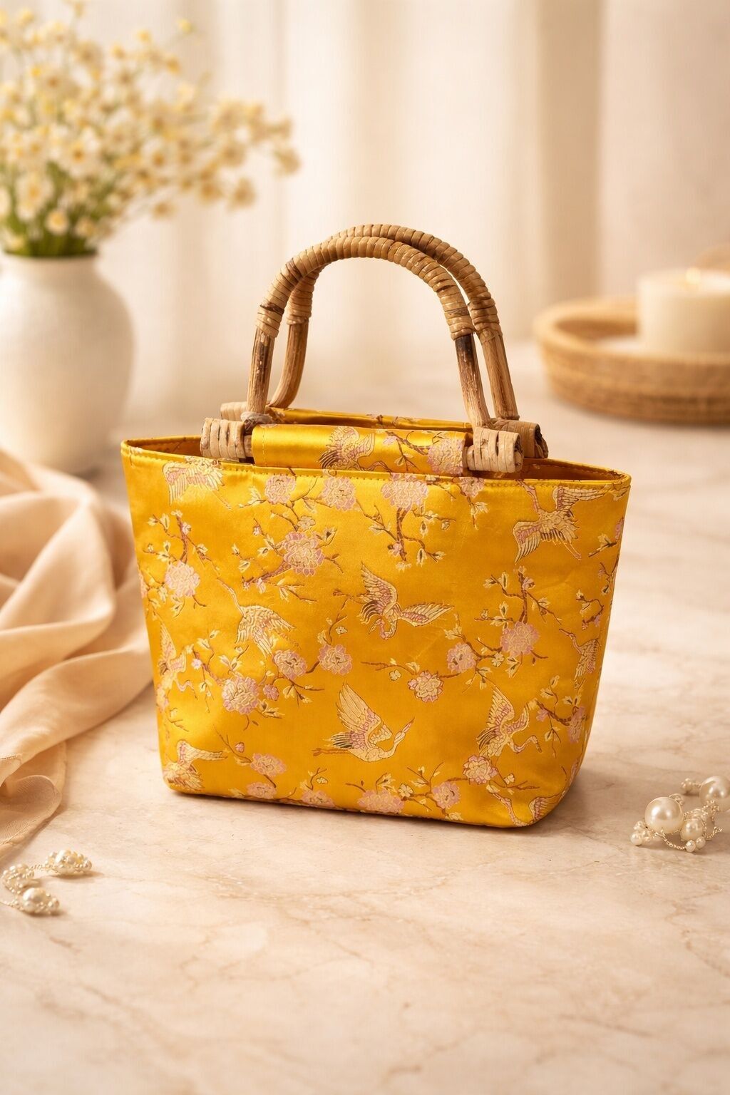 Elegant mustard yellow Mihella crane motif handbags