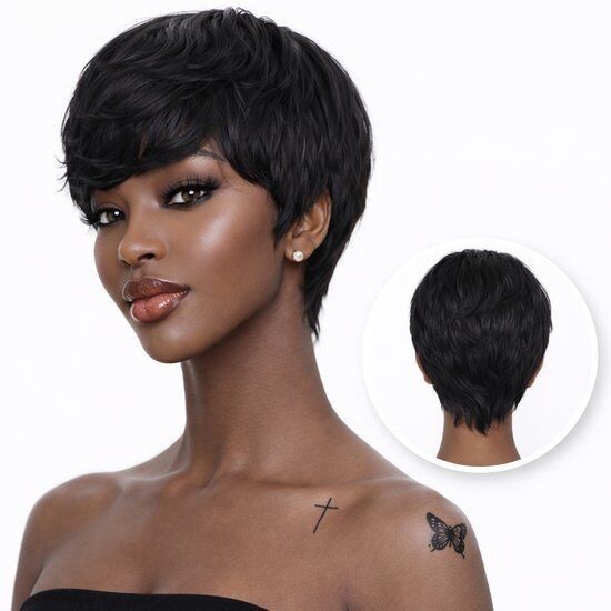 SassyGoods Schwarze Pixie-Perücke – 20 cm – 100 % Echthaar (Remy) – Kurzhaarperücke für Damen – Verstellbar & Waschbar