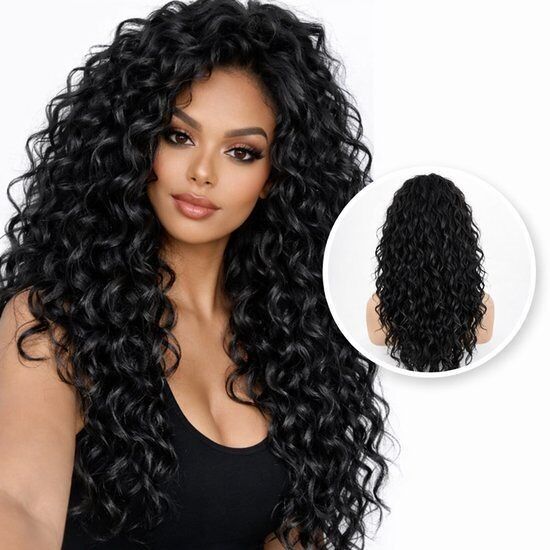 SassyGoods Lange lockige Perücke – 65 cm – Schwarz – Damenhaarteil – Kunsthaar
