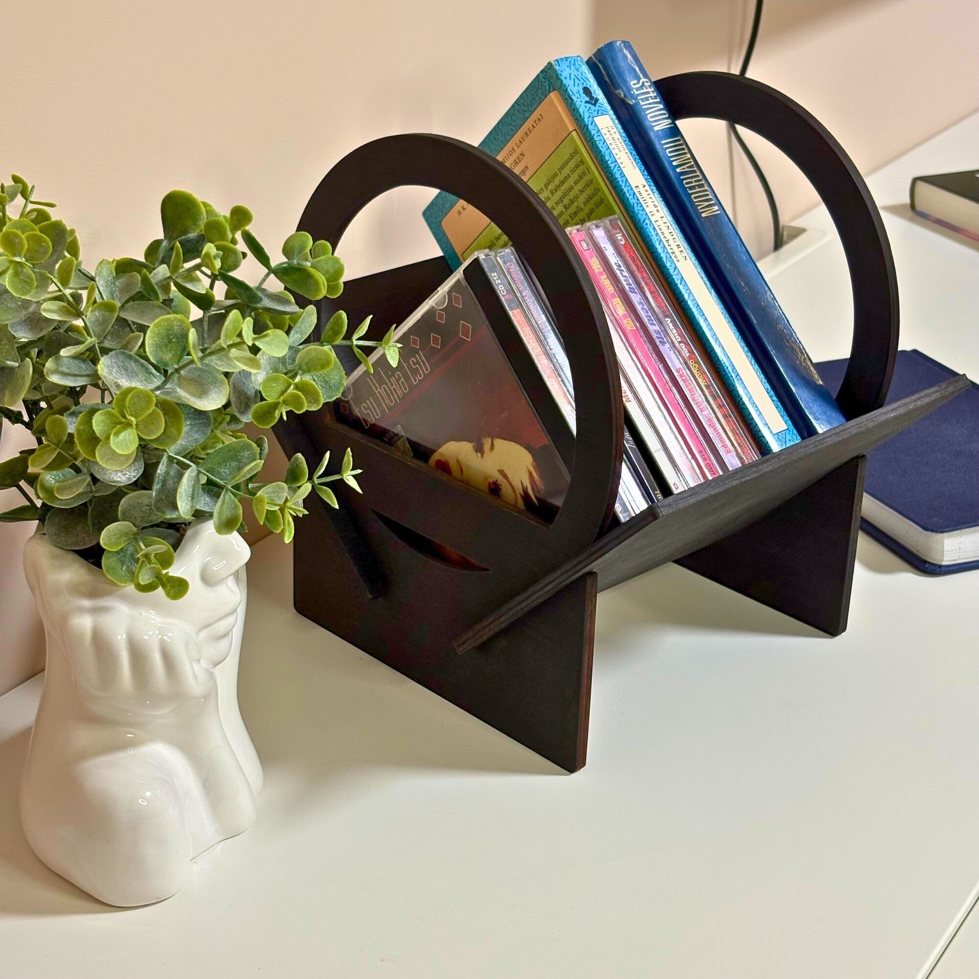 Wooden Universal Desk Organizer, Book, CD, DVD, Vynil. Portable Tabletop Shelf for Home or Office