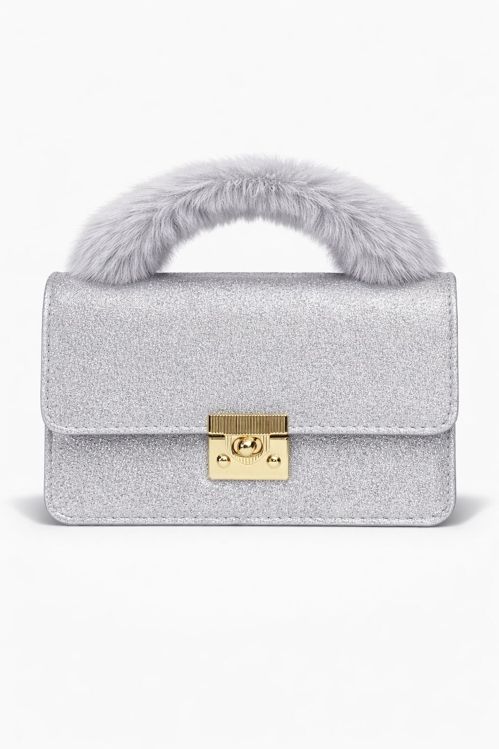 Silver glitter Mihella crossbody bag with faux fur handle
