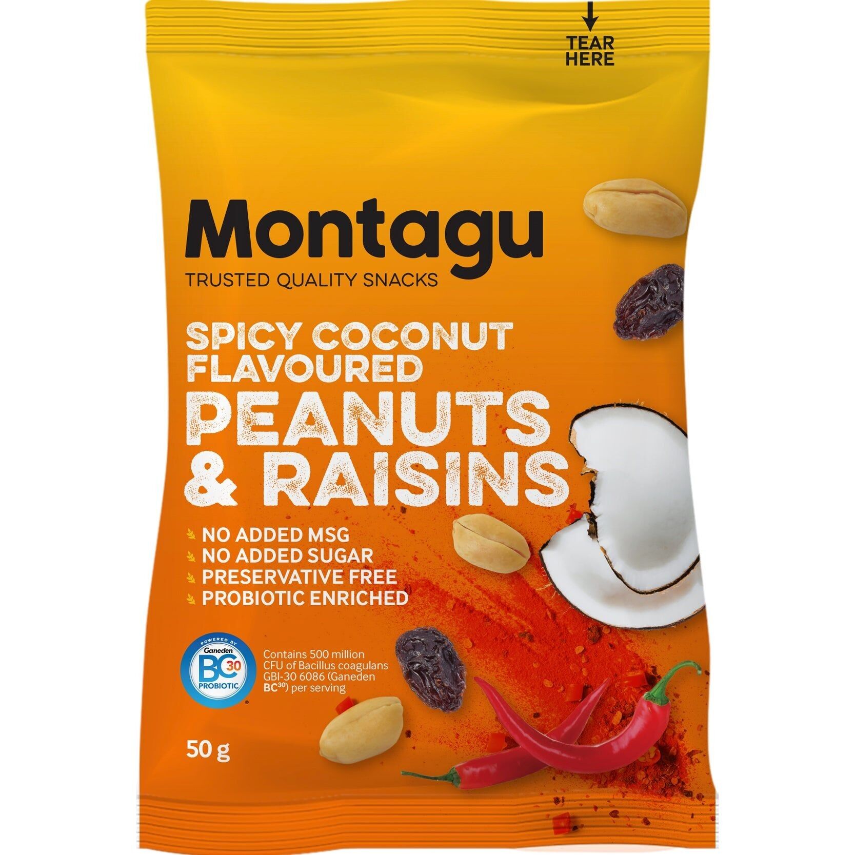 Montagu: Roasted Peanuts & Raisins Mix – Spicy Coconut Flavoured 50g x 10