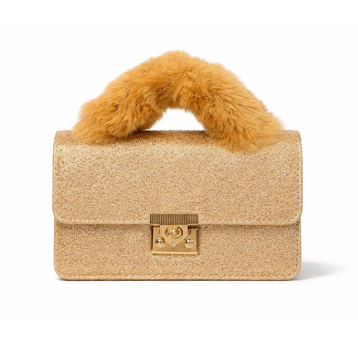 Gold glitter Mihella crossbody bag with faux fur handle