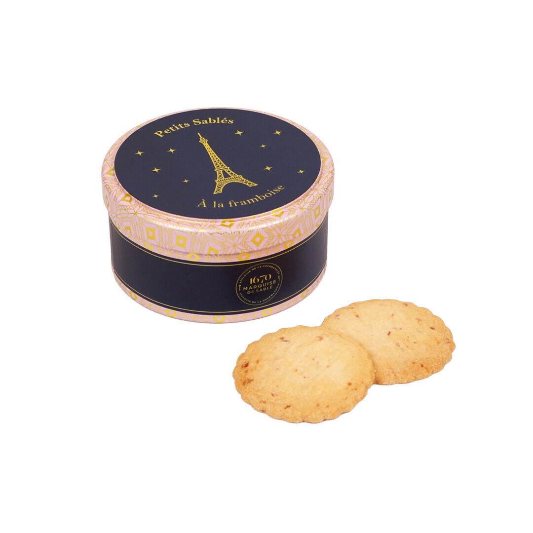 Shortbread cookies with raspberry pieces - mini round "Eiffel Tower" box 35g