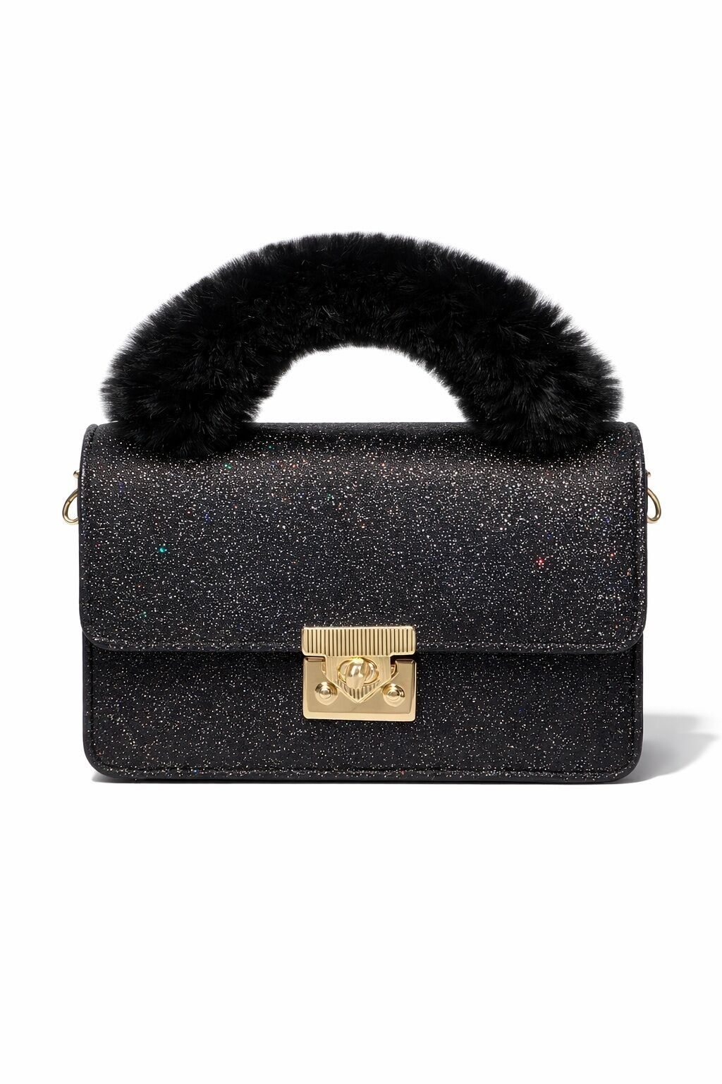 Black glitter Mihella crossbody bags with faux fur handle