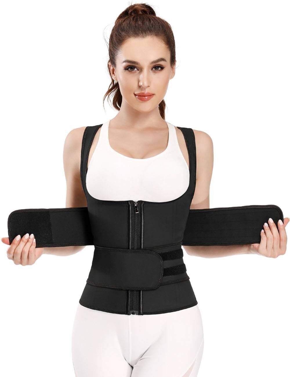 Ceinture double en latex avec fermeture éclair, 9 baleines en acier, gaine ventre plat/sling monobloc