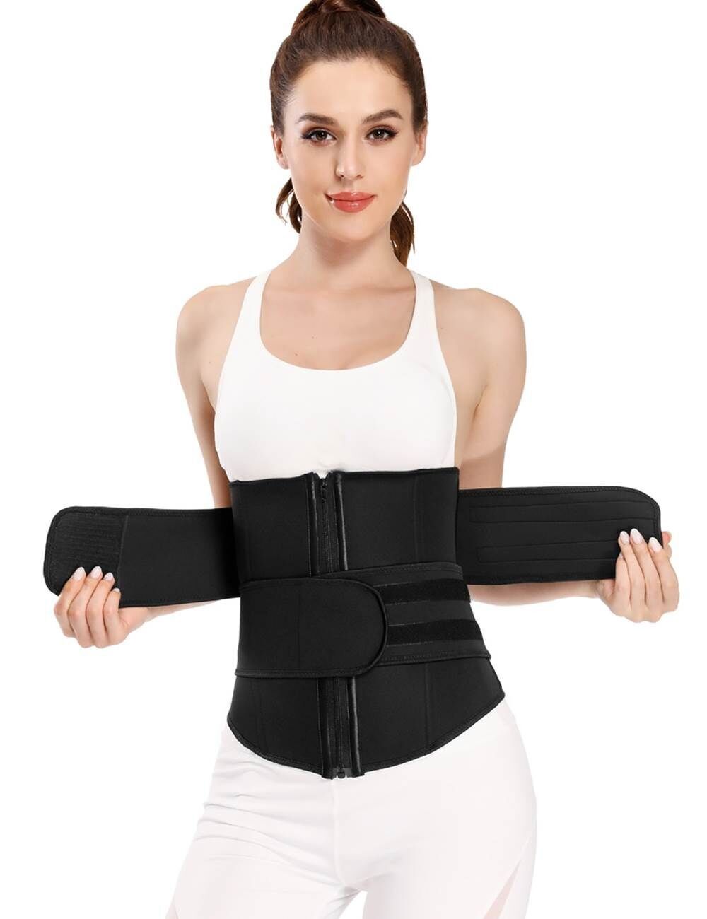 Ceinture de maintien de fitness en néoprène avec double sangle et fermeture éclair, 9 baleines en acier, noire.
