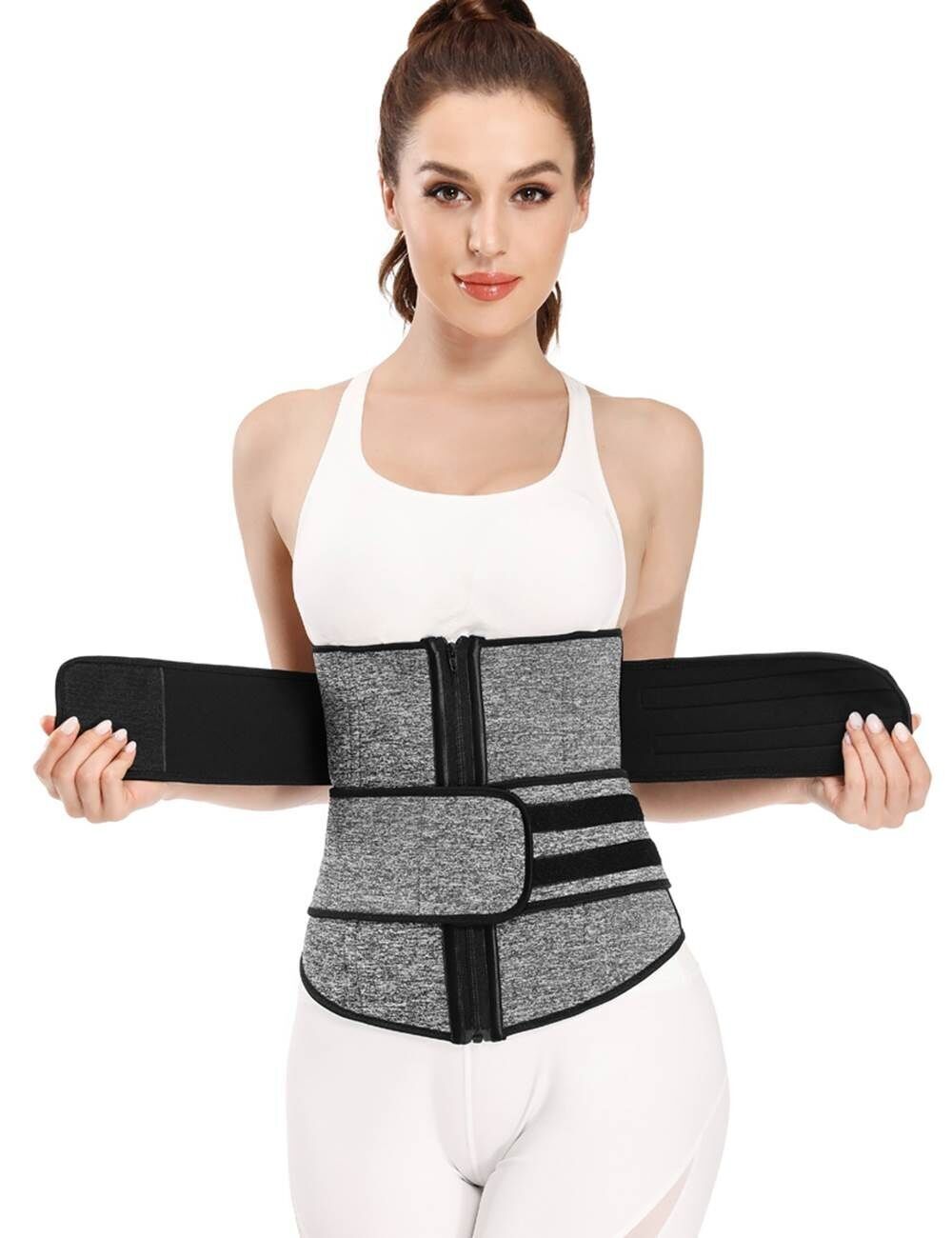 Ceinture de maintien abdominale avec double ceinture et fermeture éclair, 9 baleines en acier, néoprène, argent et noir.