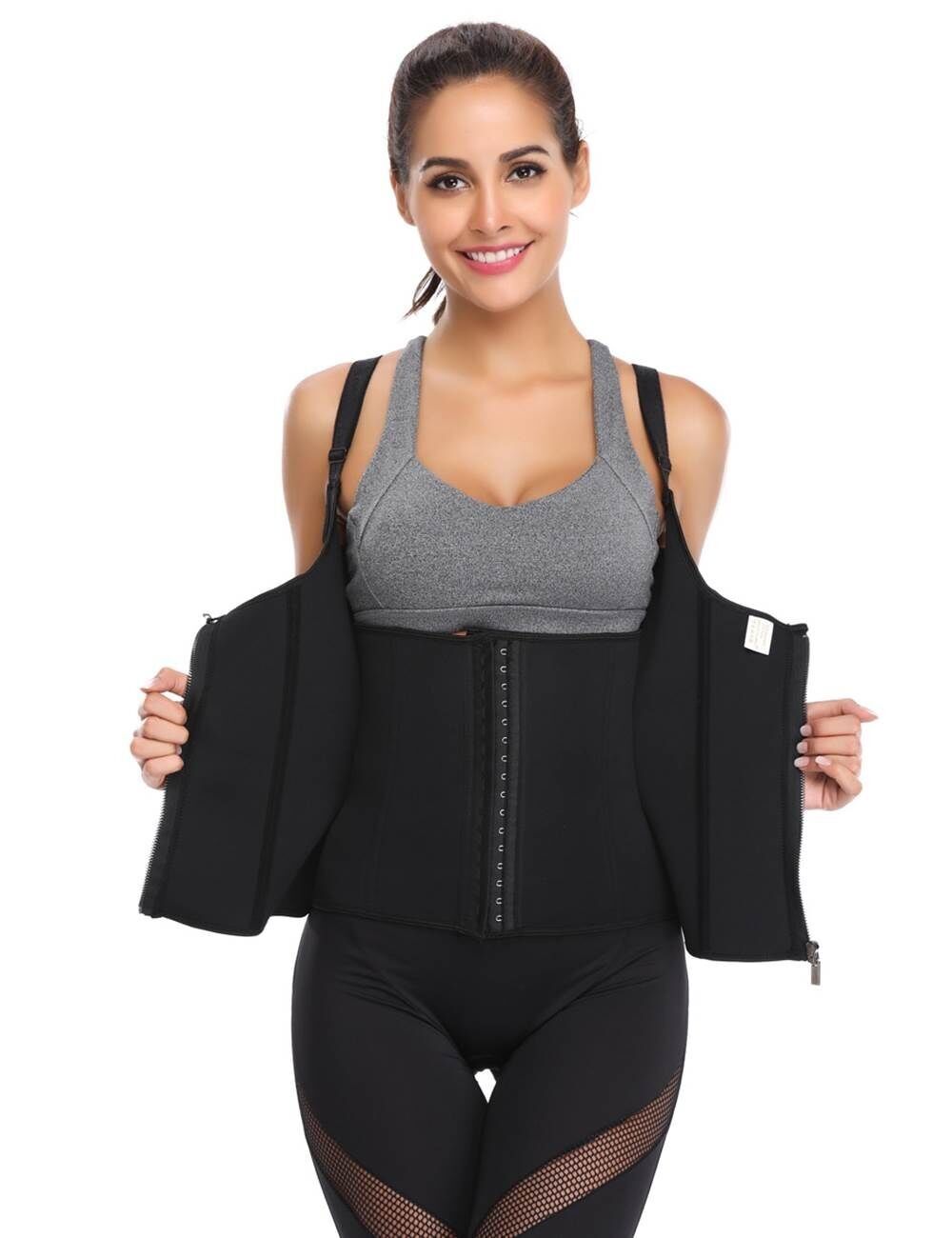 Corset de maintien de la taille en 6 pièces, en néoprène noir avec baleines en acier