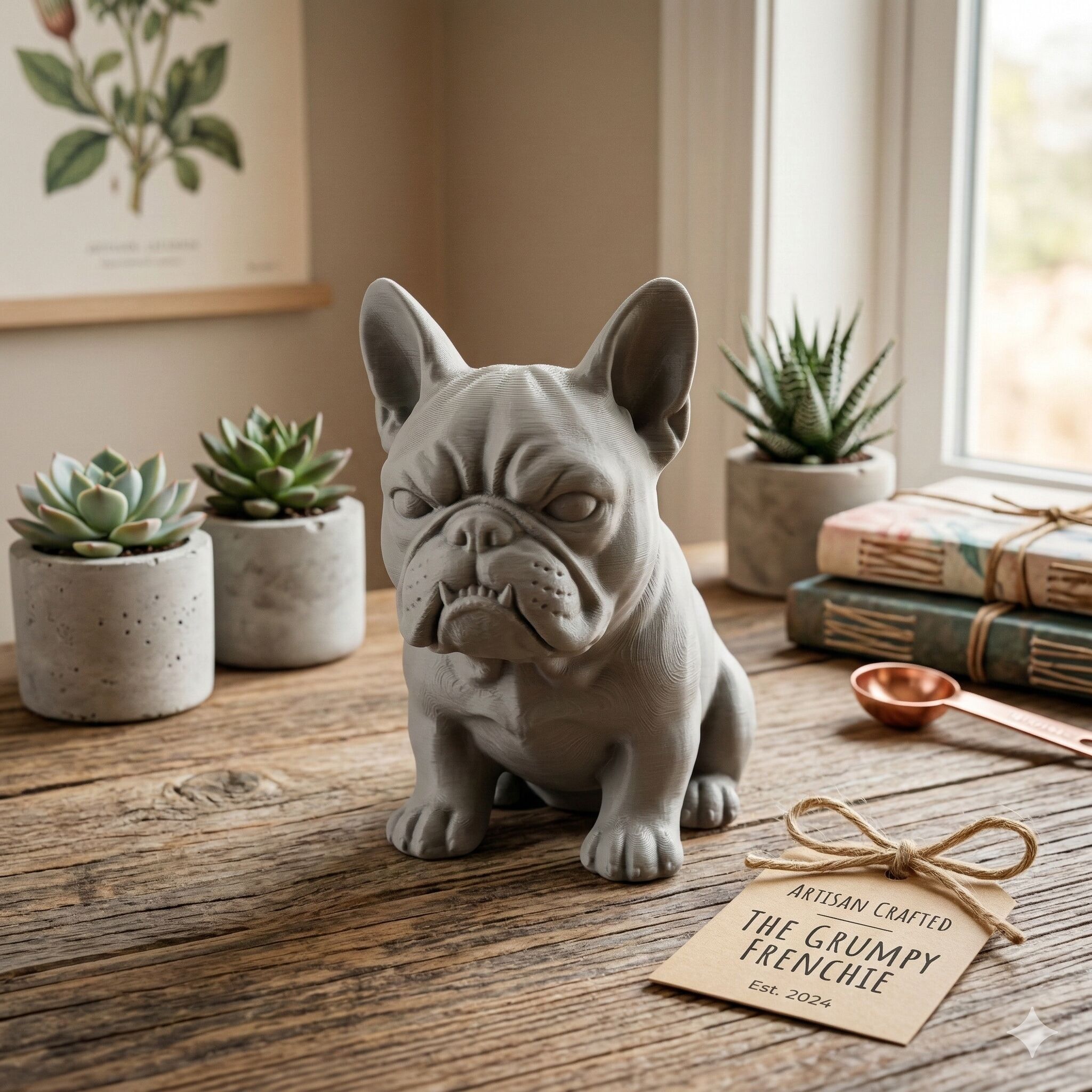 The Grumpy Frenchie: Moody Dog Statue – Matte Finish 3D Printed Desk Decor (20cm)