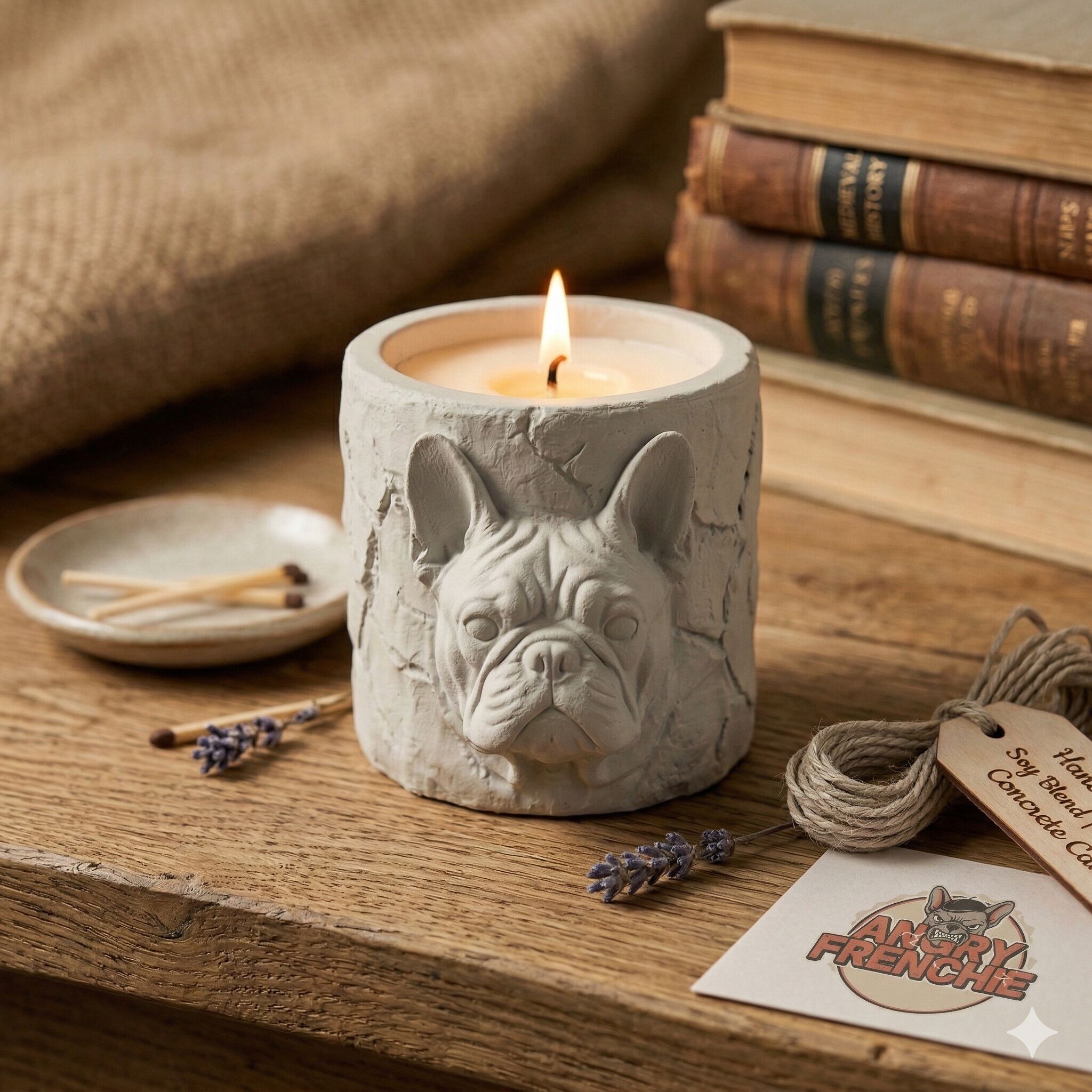 The Loyal Frenchie: Sandalwood Candle – 3D Relief Stonecast, 45h Burn Time