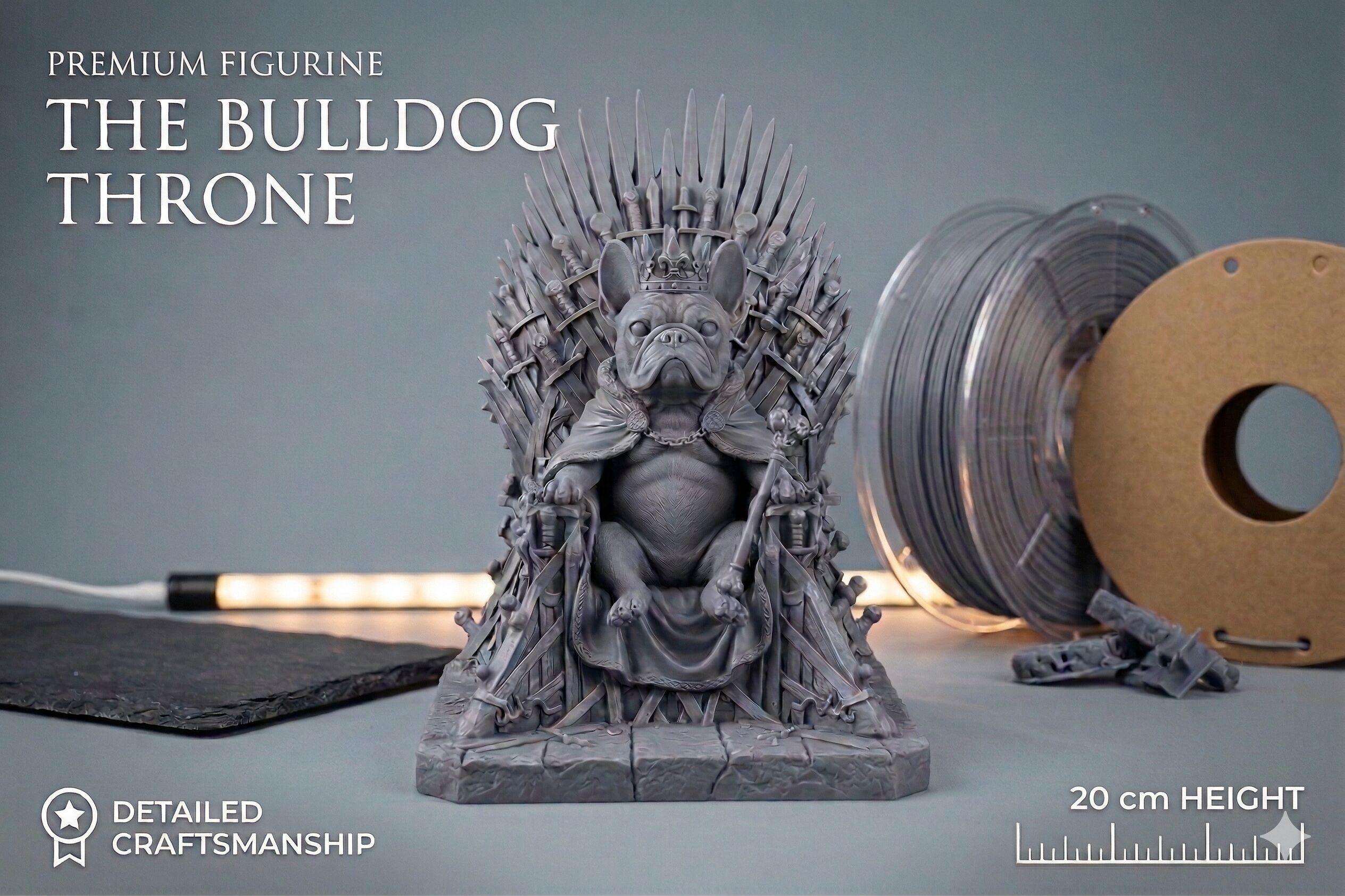 Kingdom Frenchie Figurine: Iron Throne Edition – Hand-Finished 3D Printed Resin Art