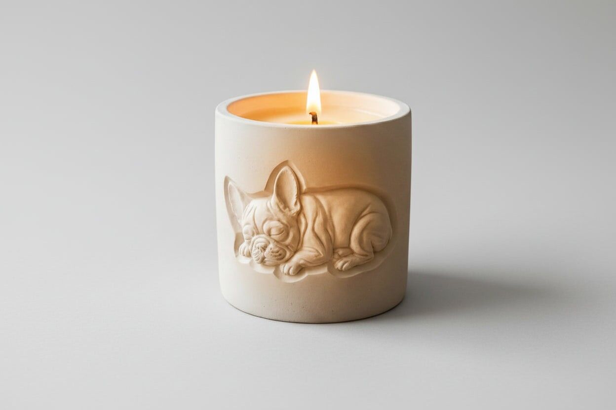 Sleepy Frenchie Lavender Candle | 45-Hour Burn Time | Handmade Stonecast | French Bulldog Sleep Gift UK