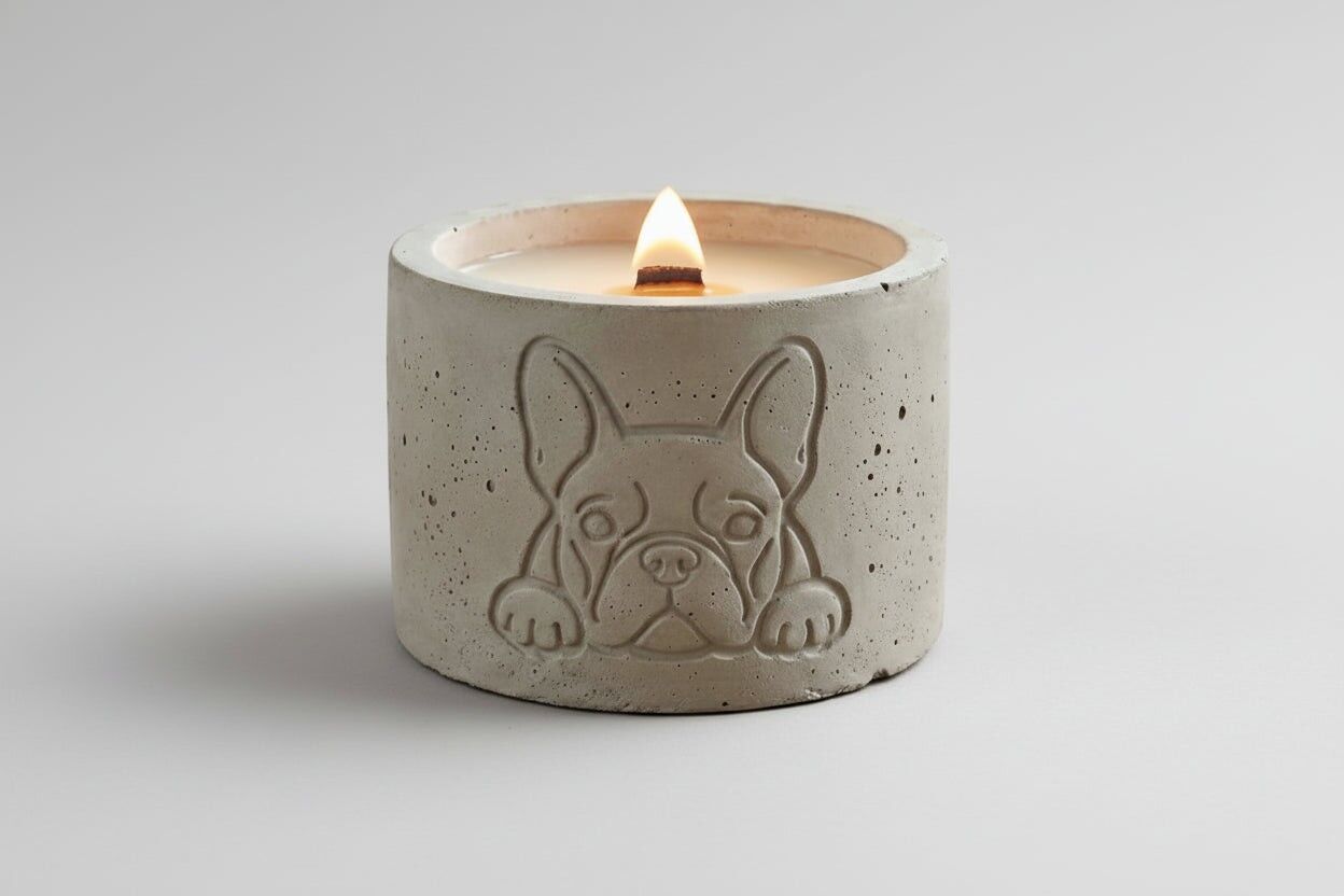 The Cute Frenchie Candle: Fresh Linen Scent – Crackling Wood Wick Stonecast
