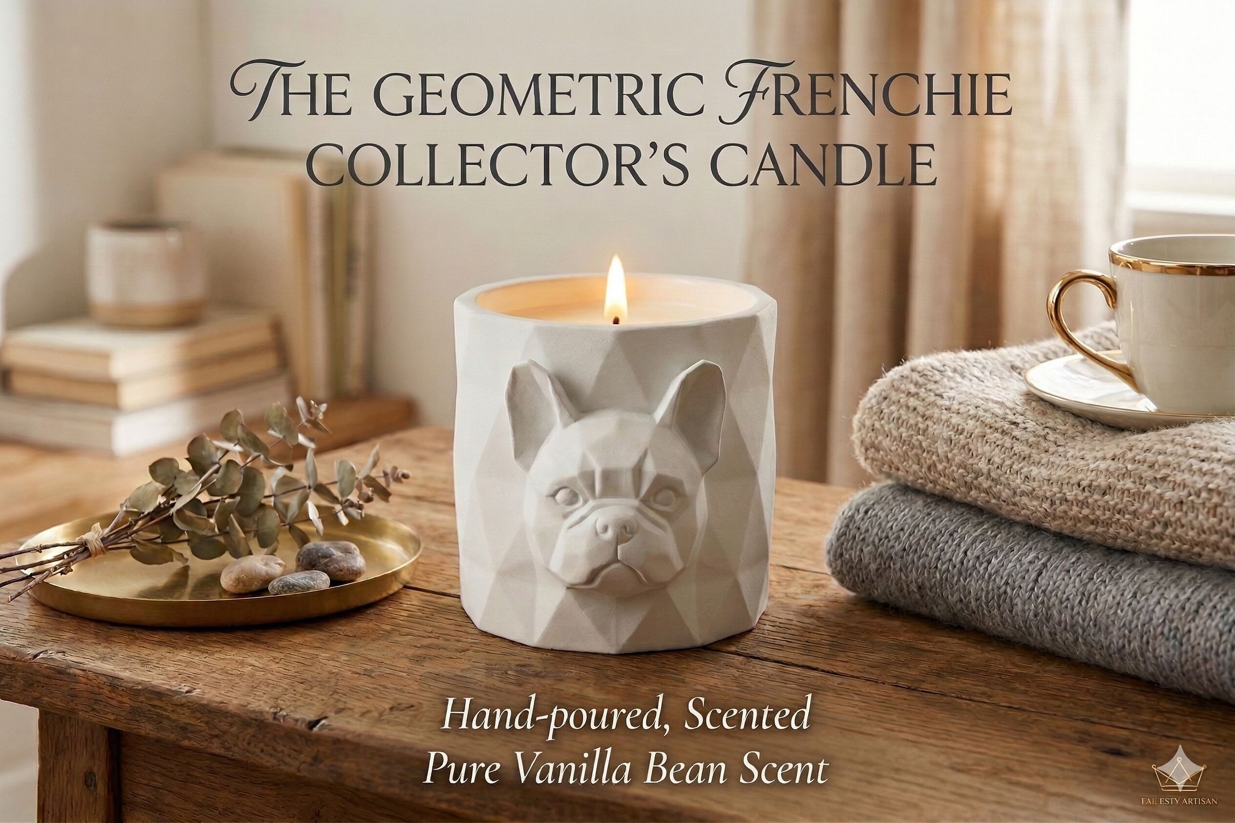 White Vanilla Frenchie Candle – Low Poly Dog Statue, Unique Hand-Finished Gift