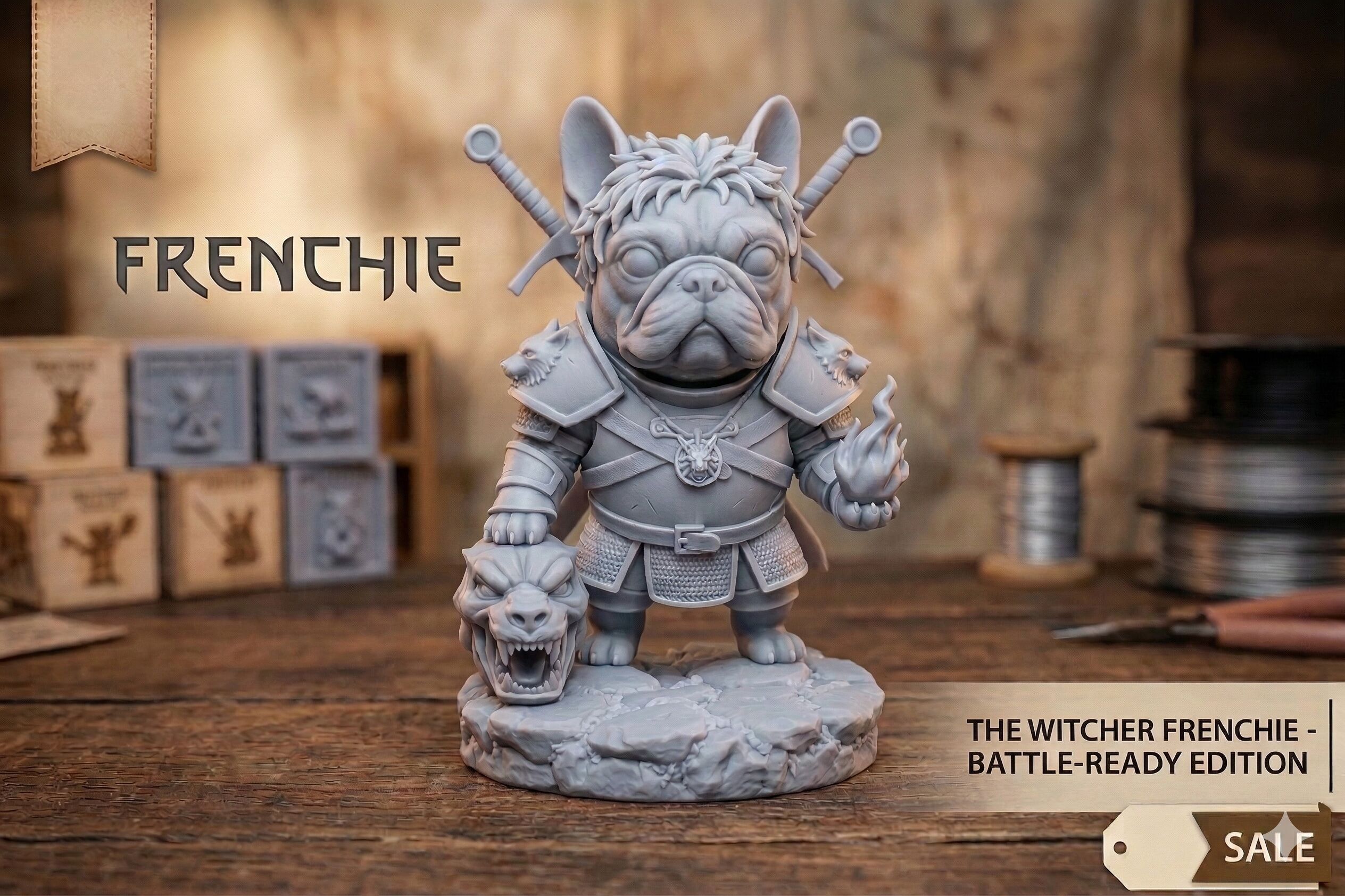 The Witcher Frenchie: Monster Hunter Dog Statue – 3D Printed Fantasy Figurine (20cm
