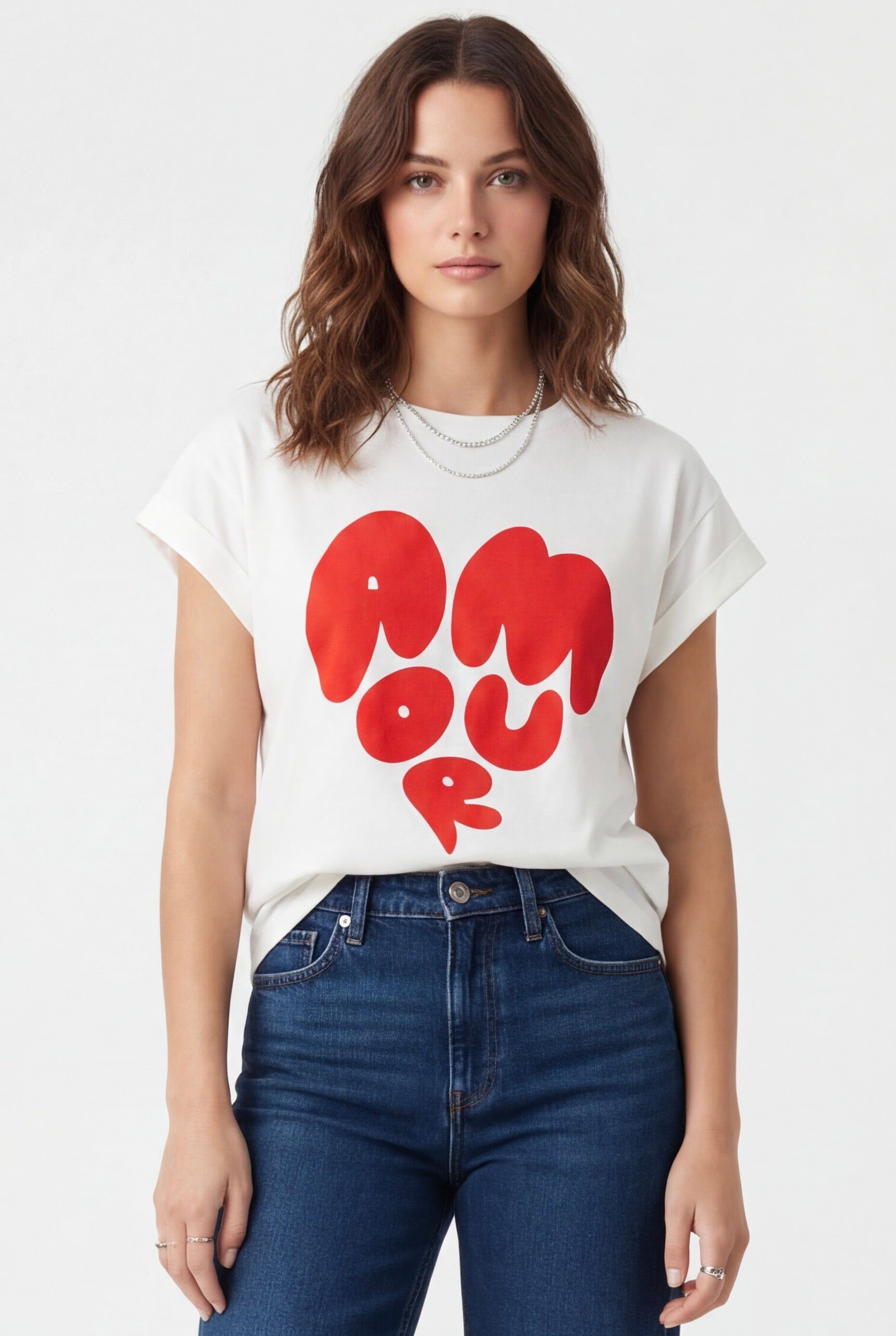 AMORE - Cotton T-shirt with Heart Print