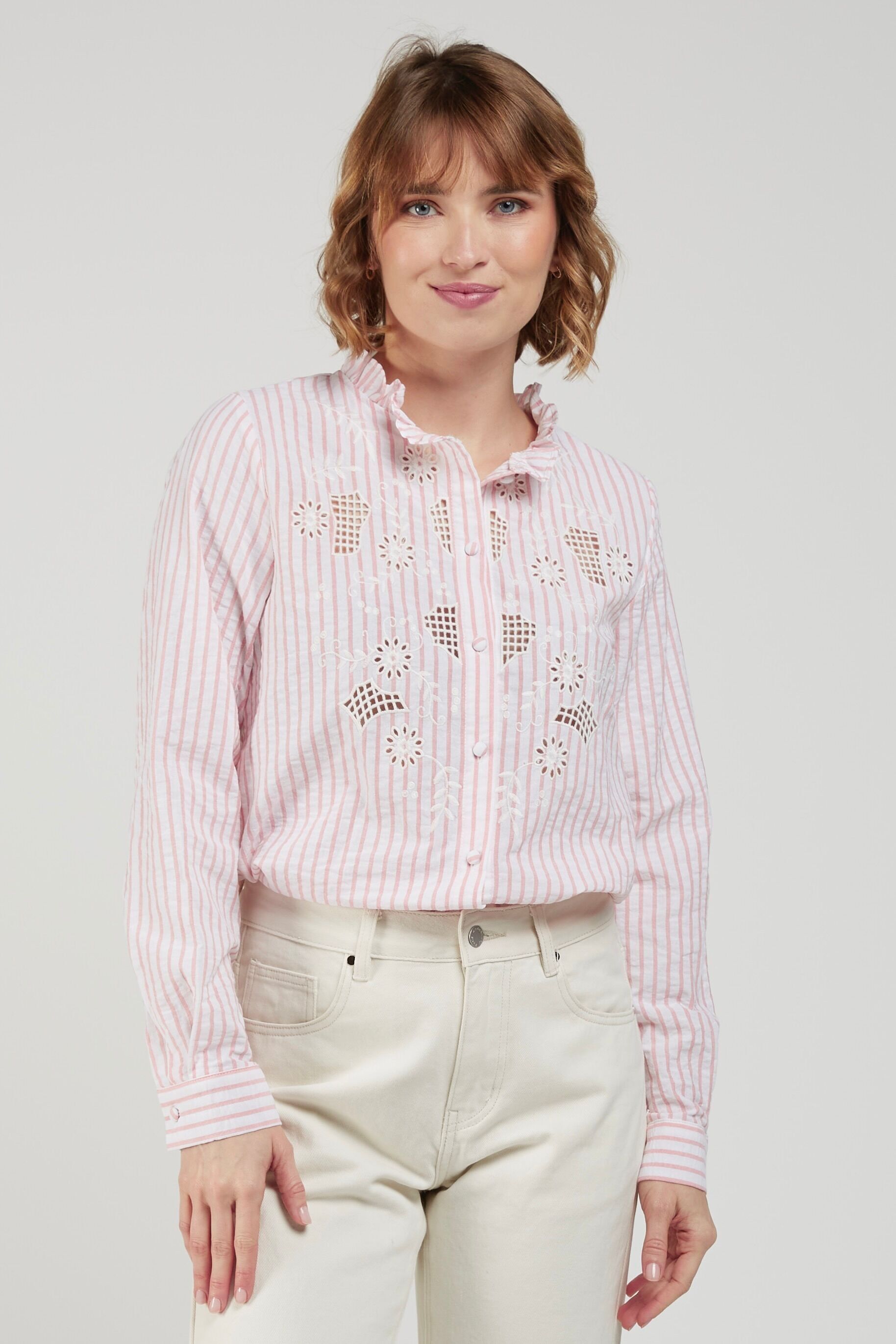 DOLORES - Striped and Embroidered Blouse - 100% Cotton