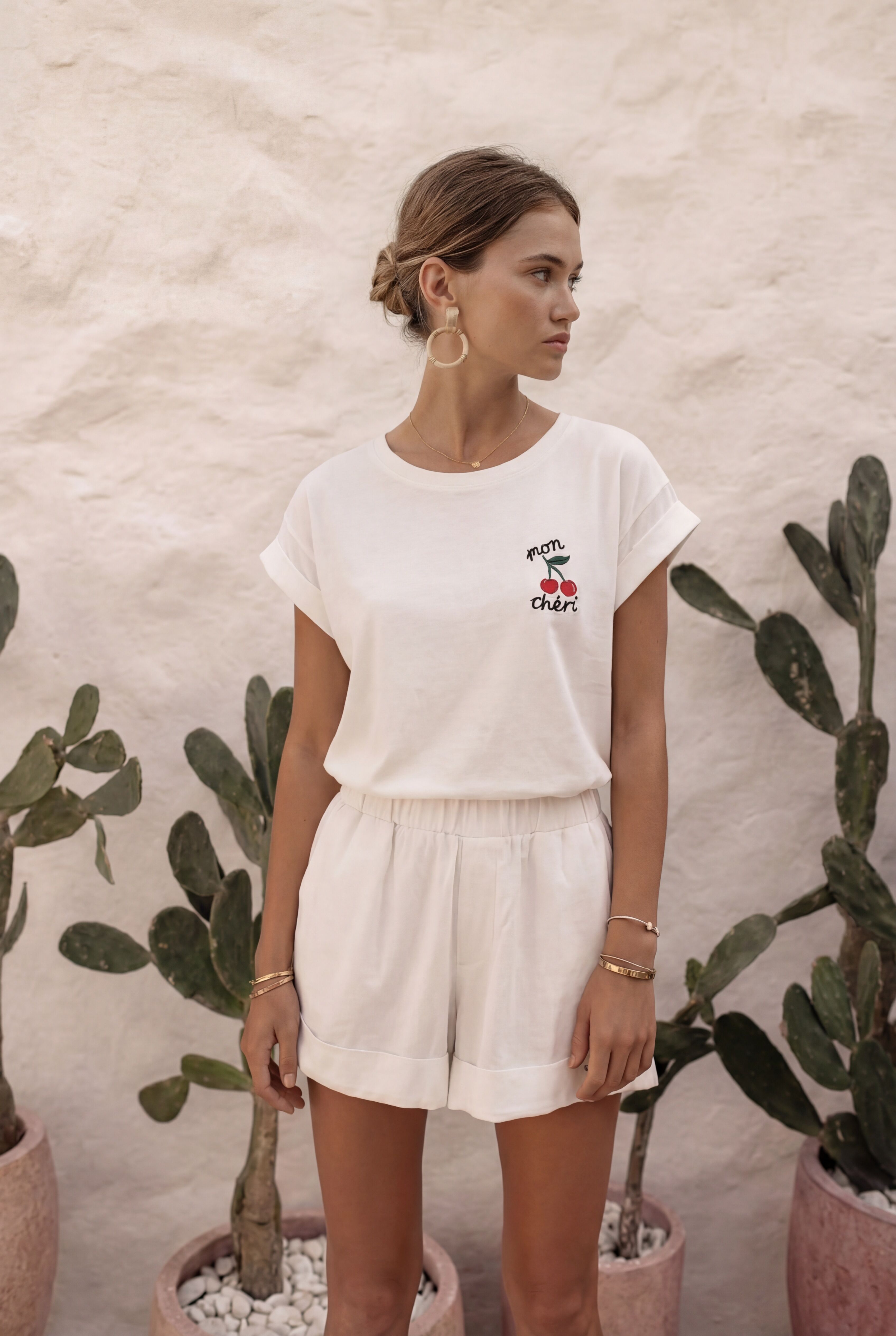 CHERRY2 - White Cotton T-shirt with Cherry Pattern