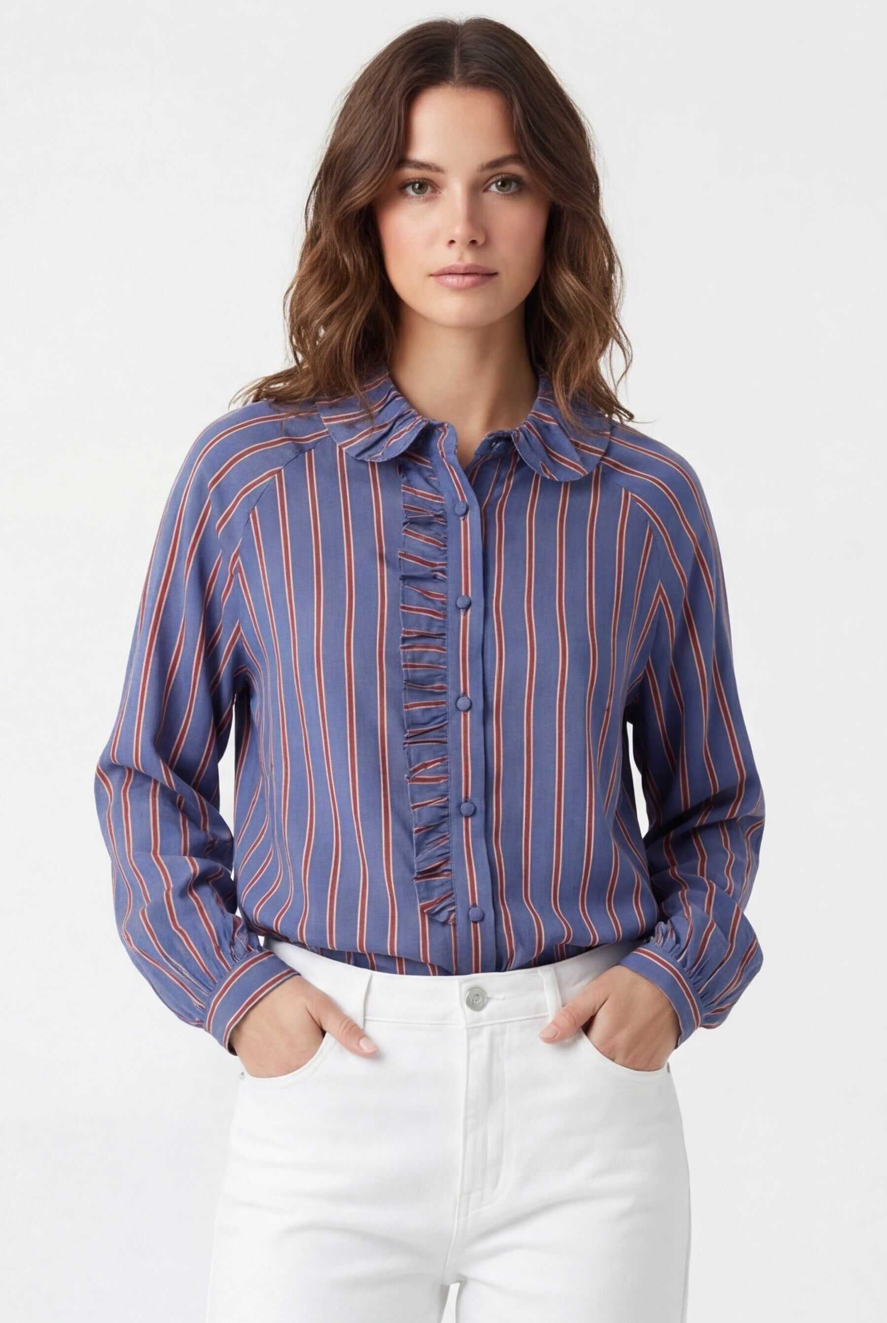 DAREN - Blue & Chocolate Striped Ruffled Shirt