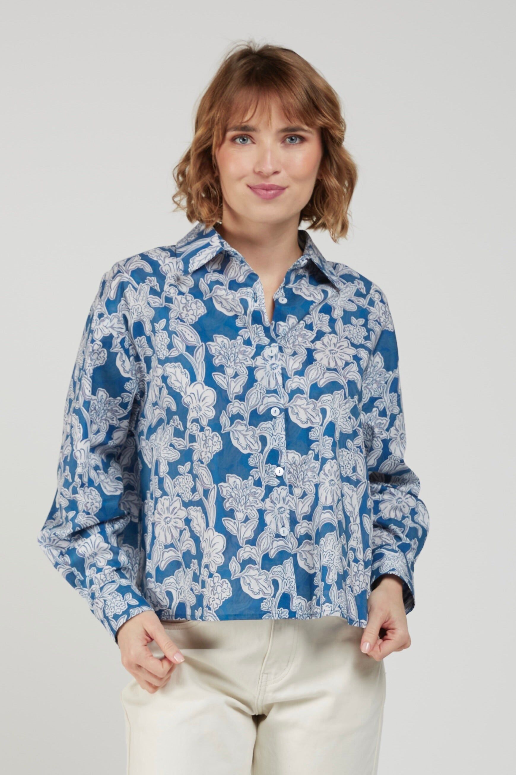 CAMIL - Blue Floral Print Shirt 100% Cotton