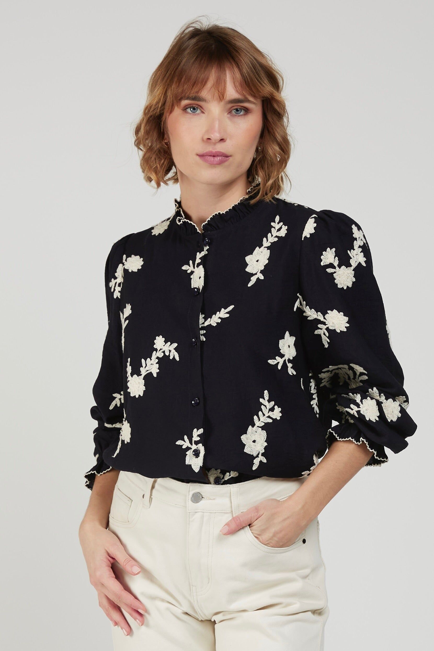 YURI - Navy Blouse with Floral Embroidery