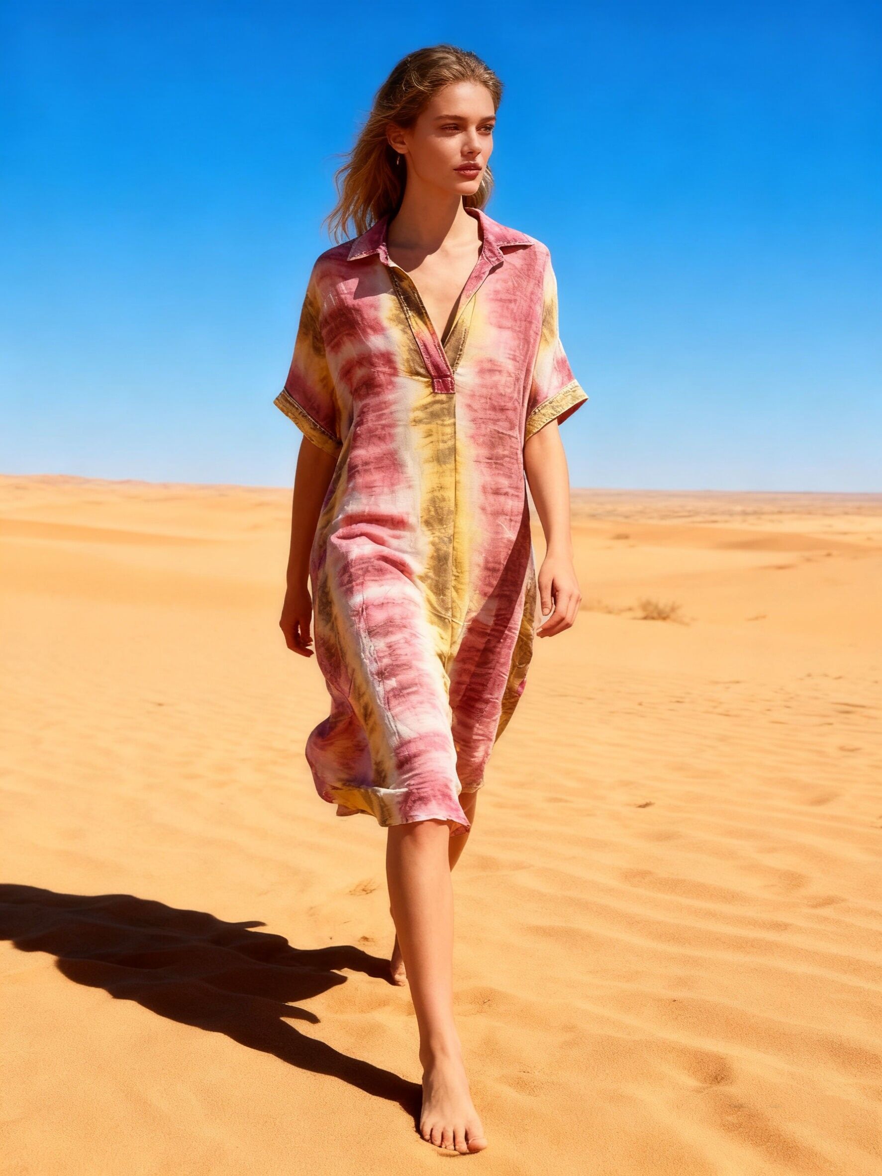 Flowy tie-dye shirt dress, flared cut, faded style