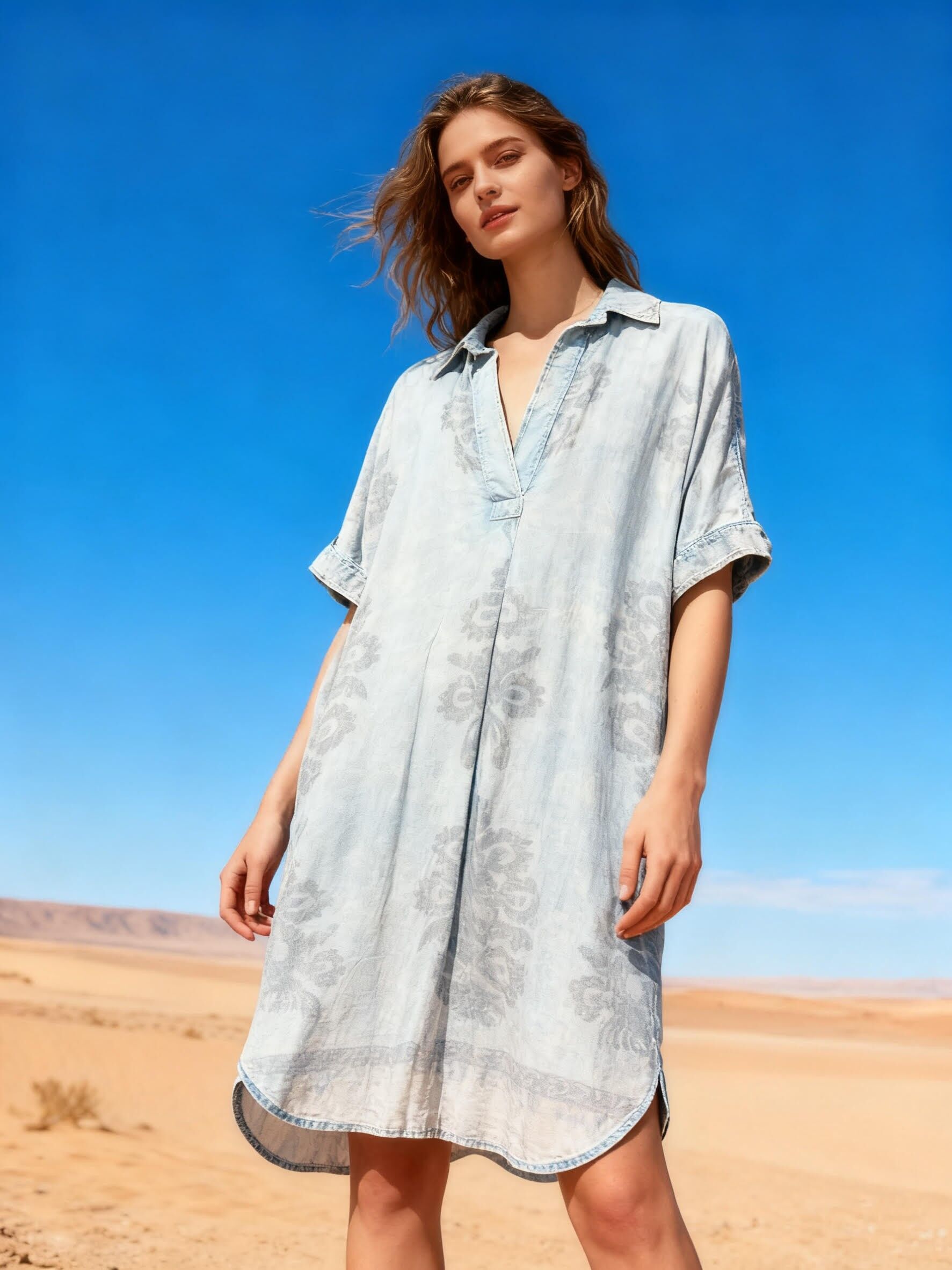 Flowy floral print shirt dress, flared cut, faded fabric