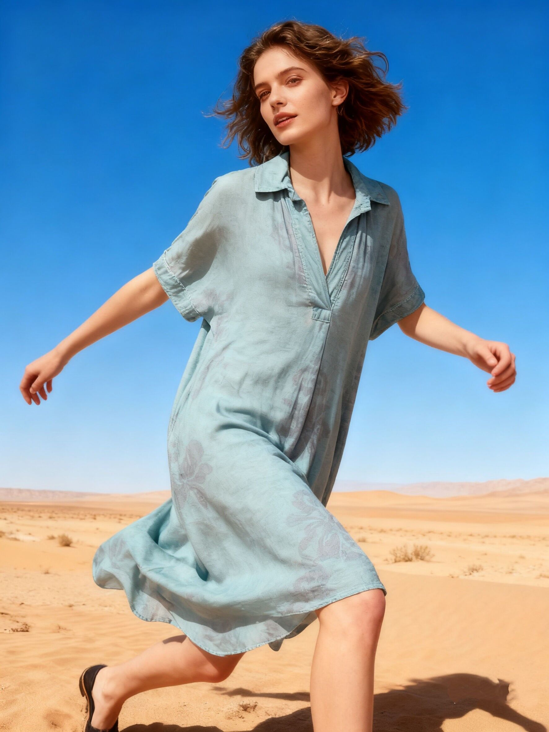 Robe chemise fluide à imprimé fleurie, coupe évasée, tissu délavé