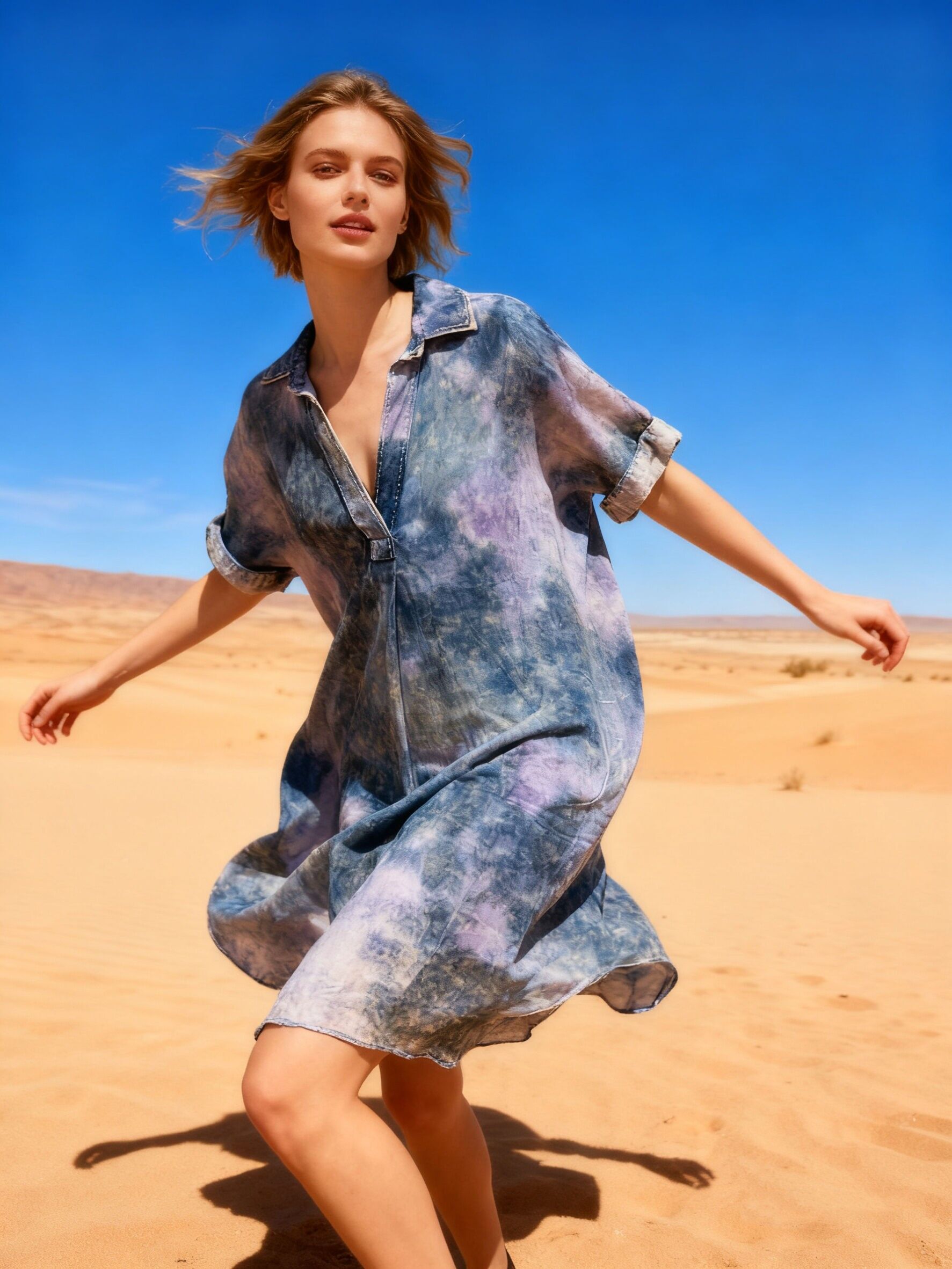 Flowy tie-dye shirt dress, flared cut, faded fabric