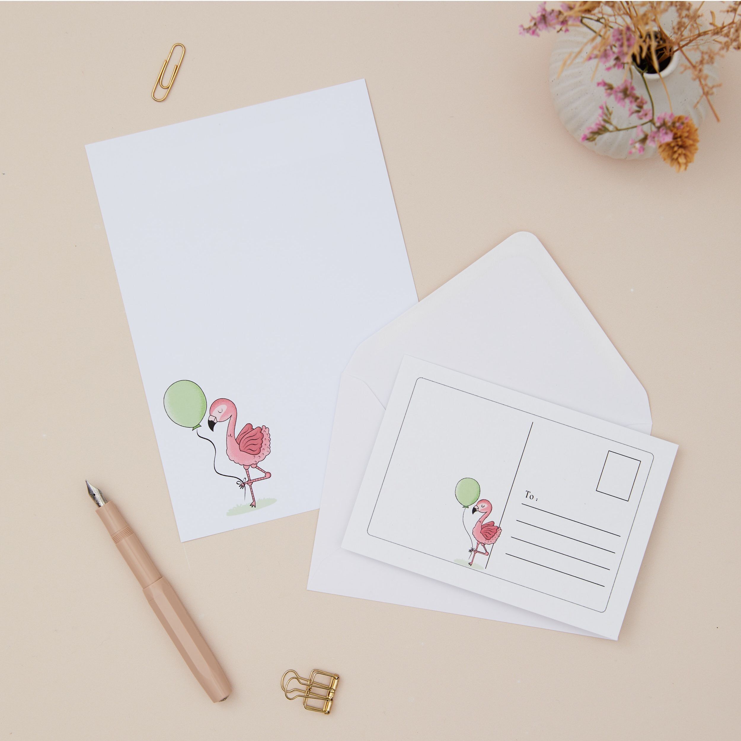 Briefpapier-Set mit Flamingo-Motiv für Kinder