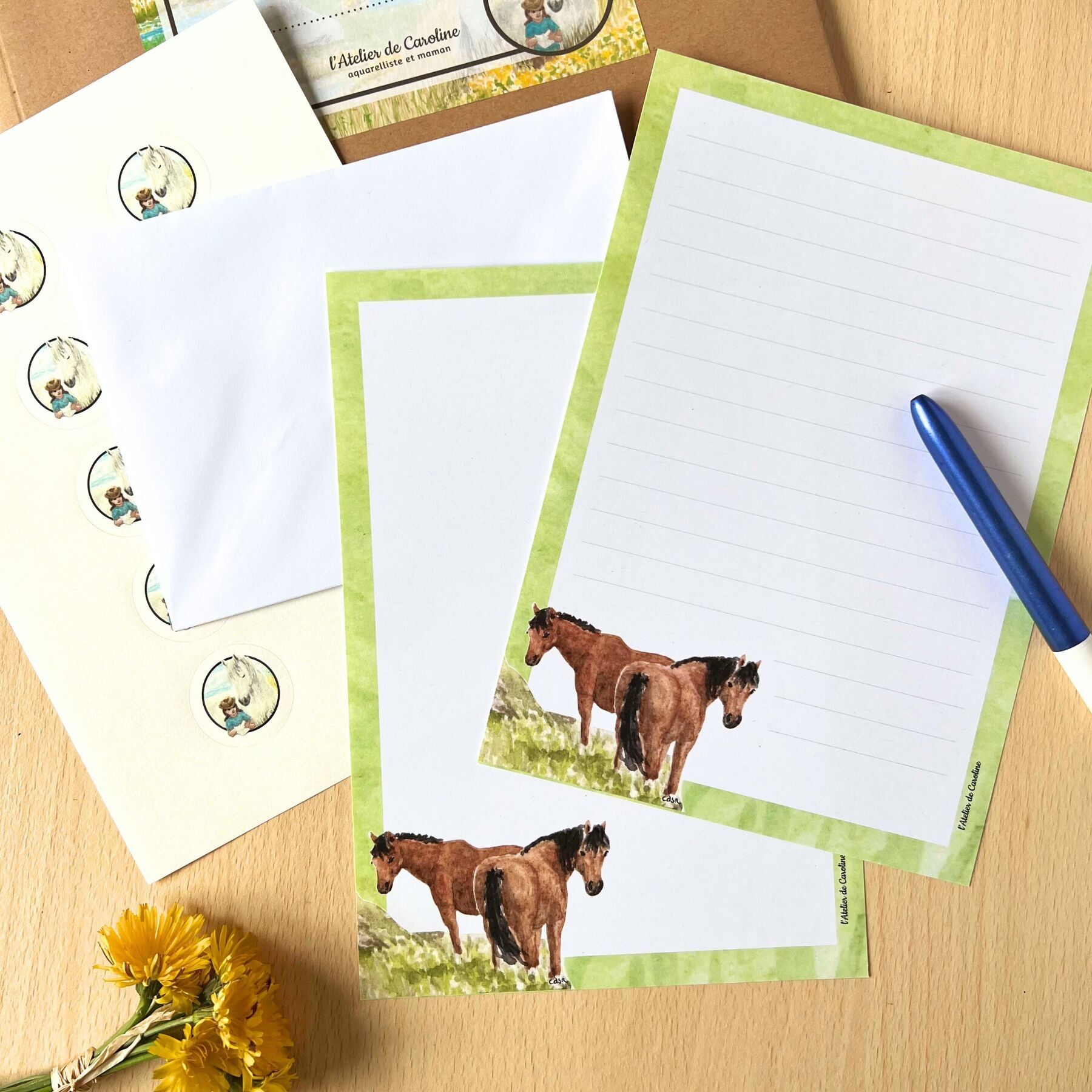 Illustrated children's stationery - Horses of France Collection – complete eco-friendly set made in France