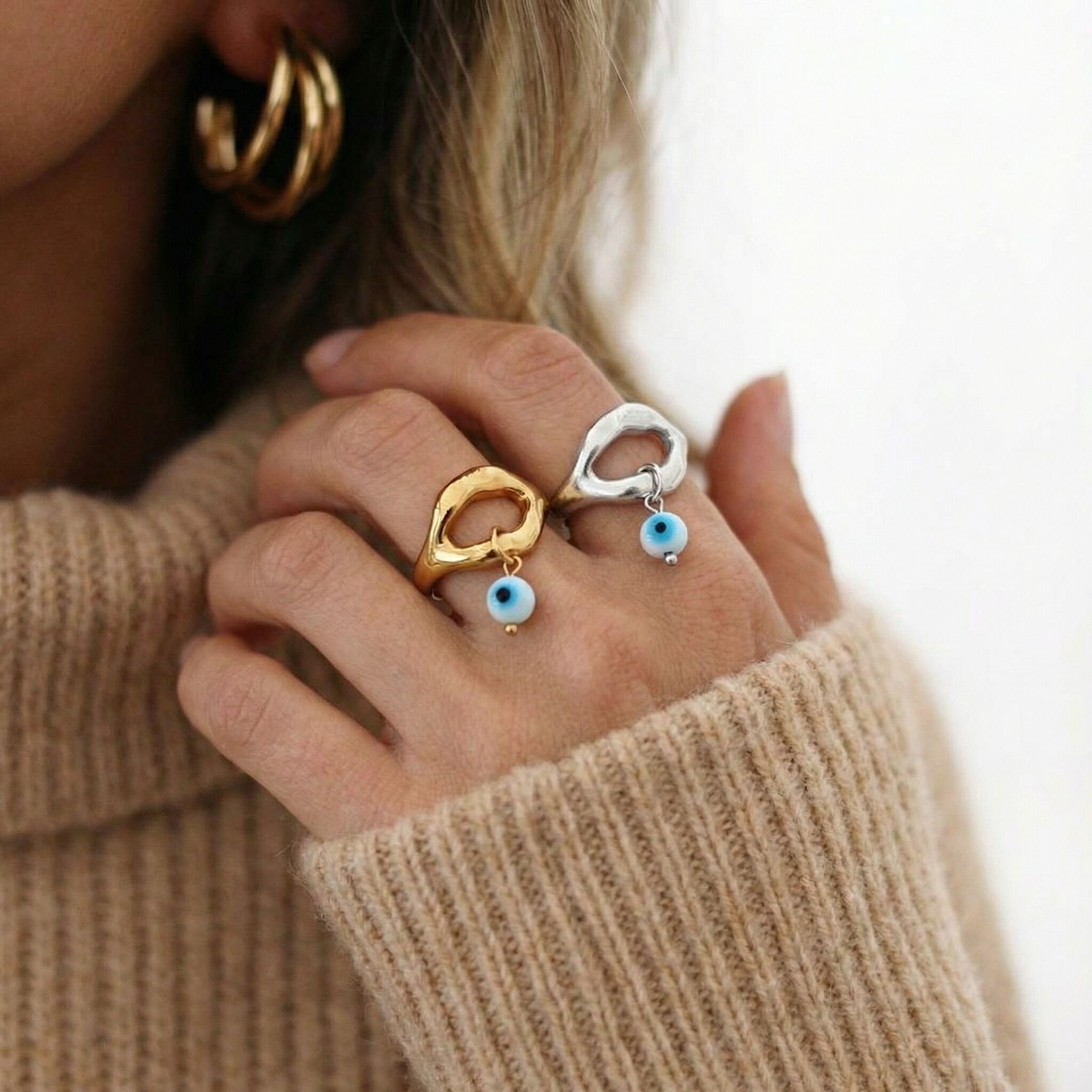 Molten Heart Ring with Evil Eye Charm in gold and silver