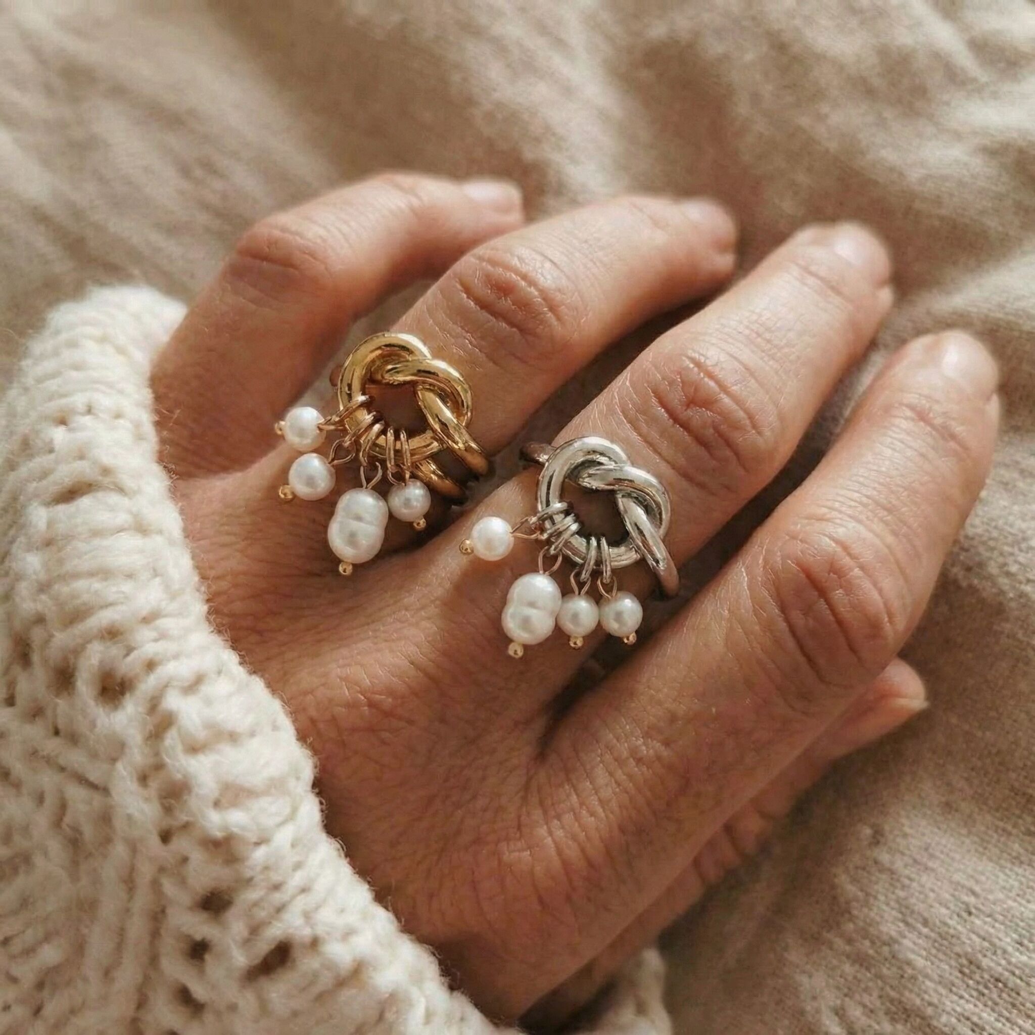 Sculptural Knot Ring with Pearl Drops