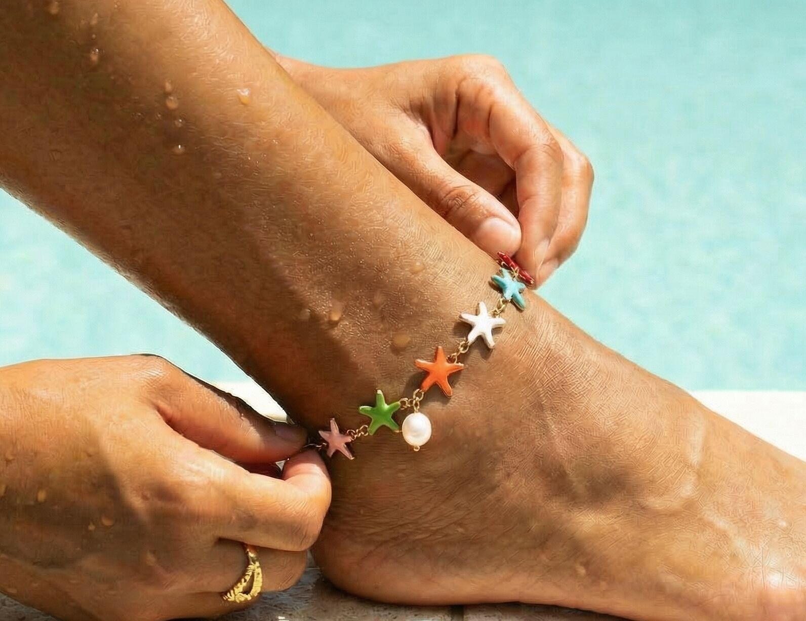 Colorful Starfish Anklet with Pearl Drop
