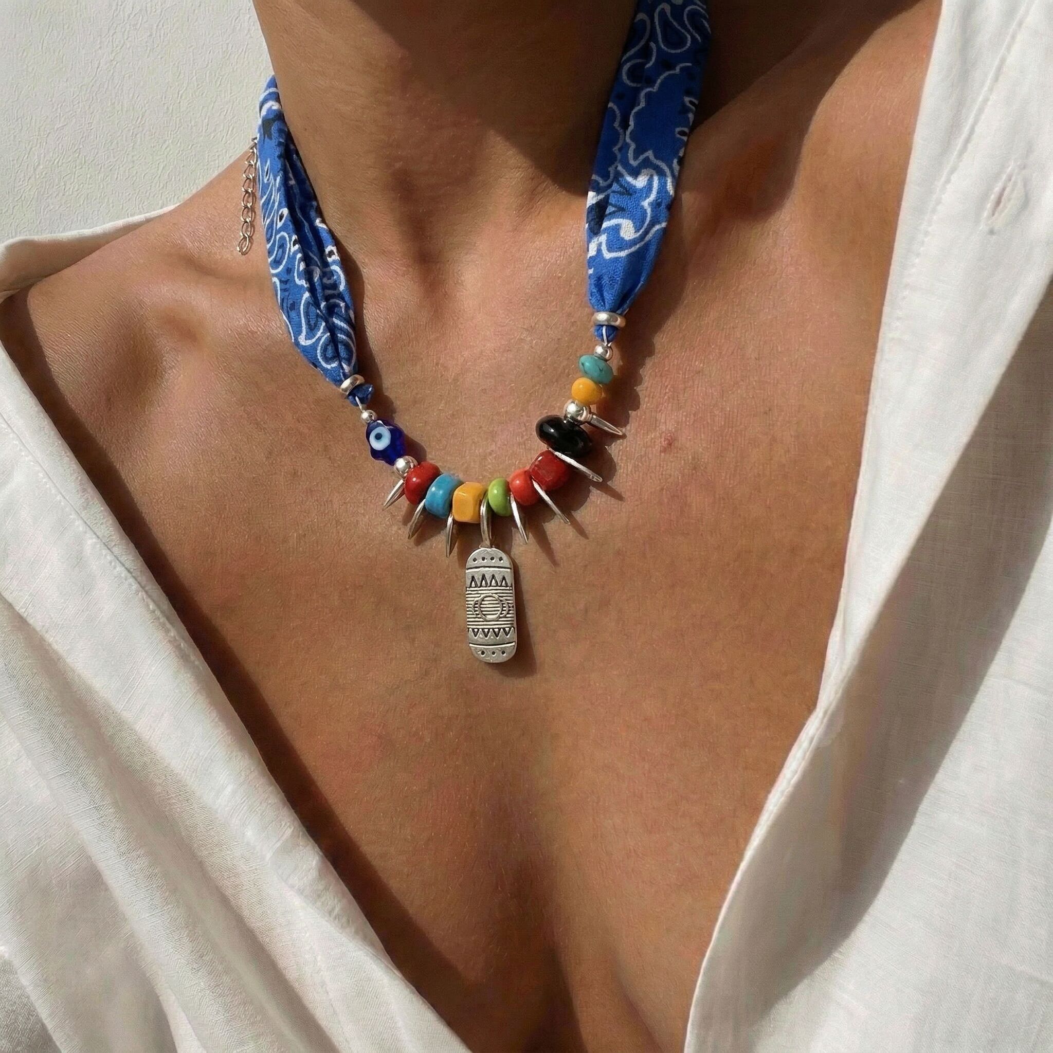 Blue Bandana Scarf Tribal Pendant Necklace