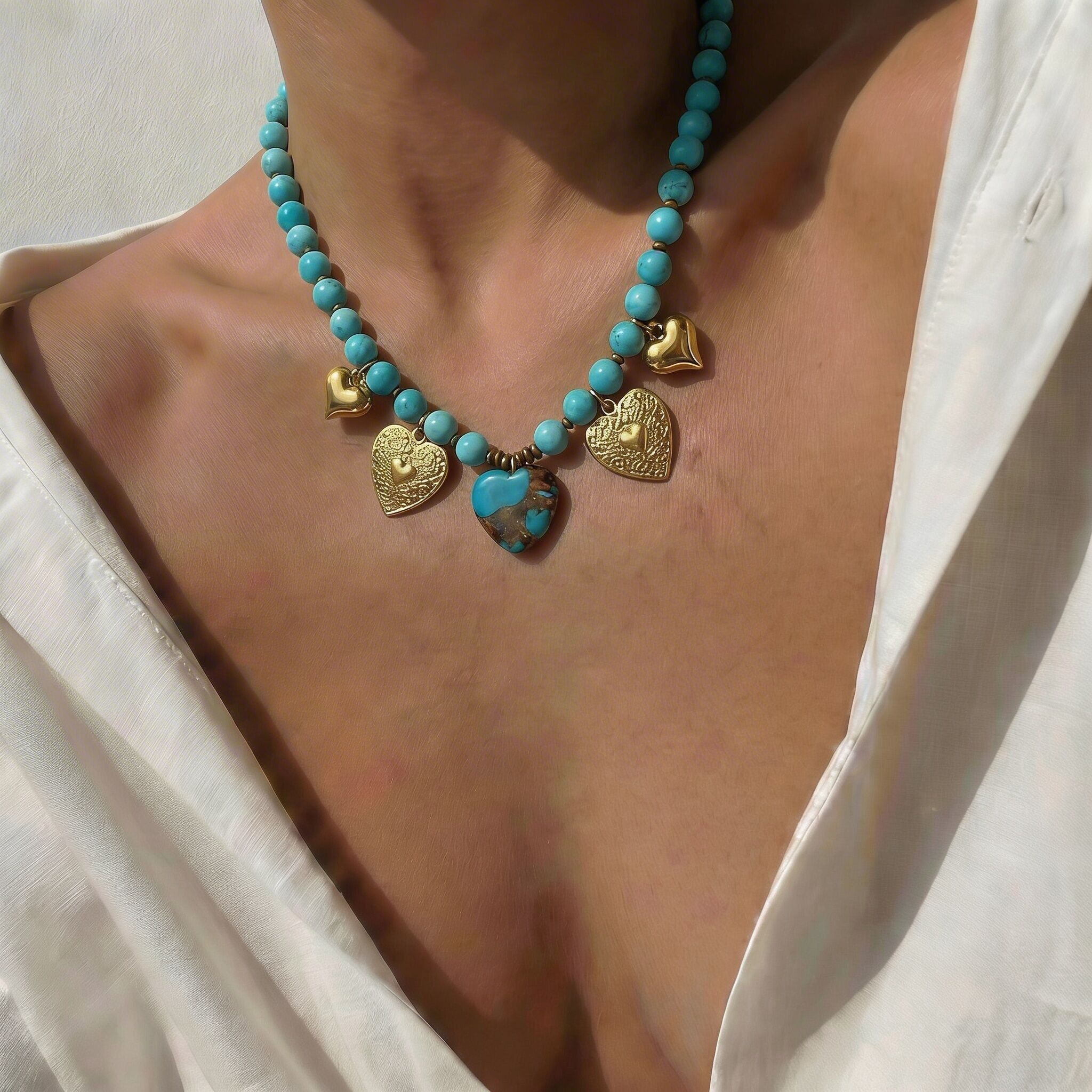 Turquoise Heart Charm Necklace – Gold Details