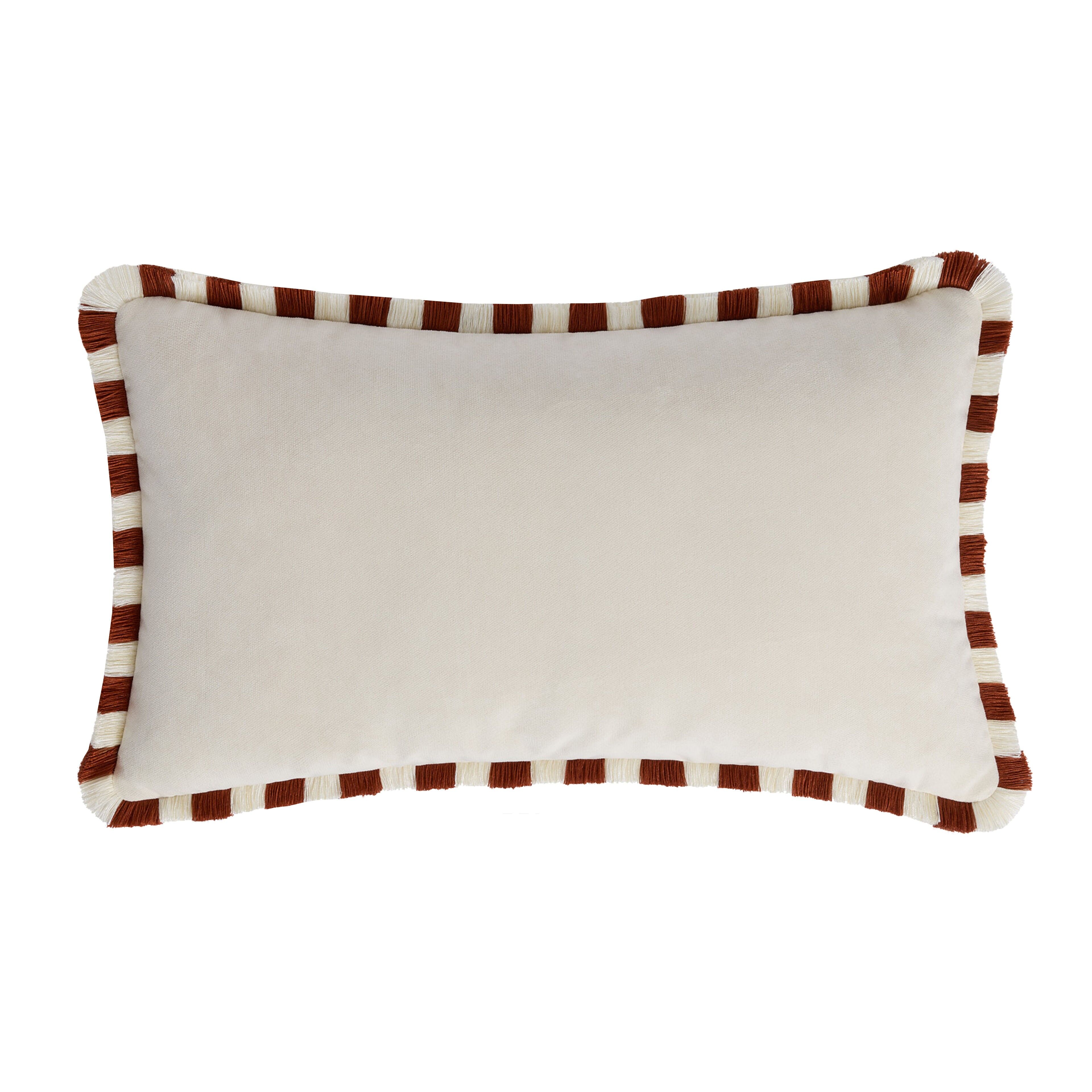 Bicolor Happy Cushion in White Velvet with Brick and White Fringes