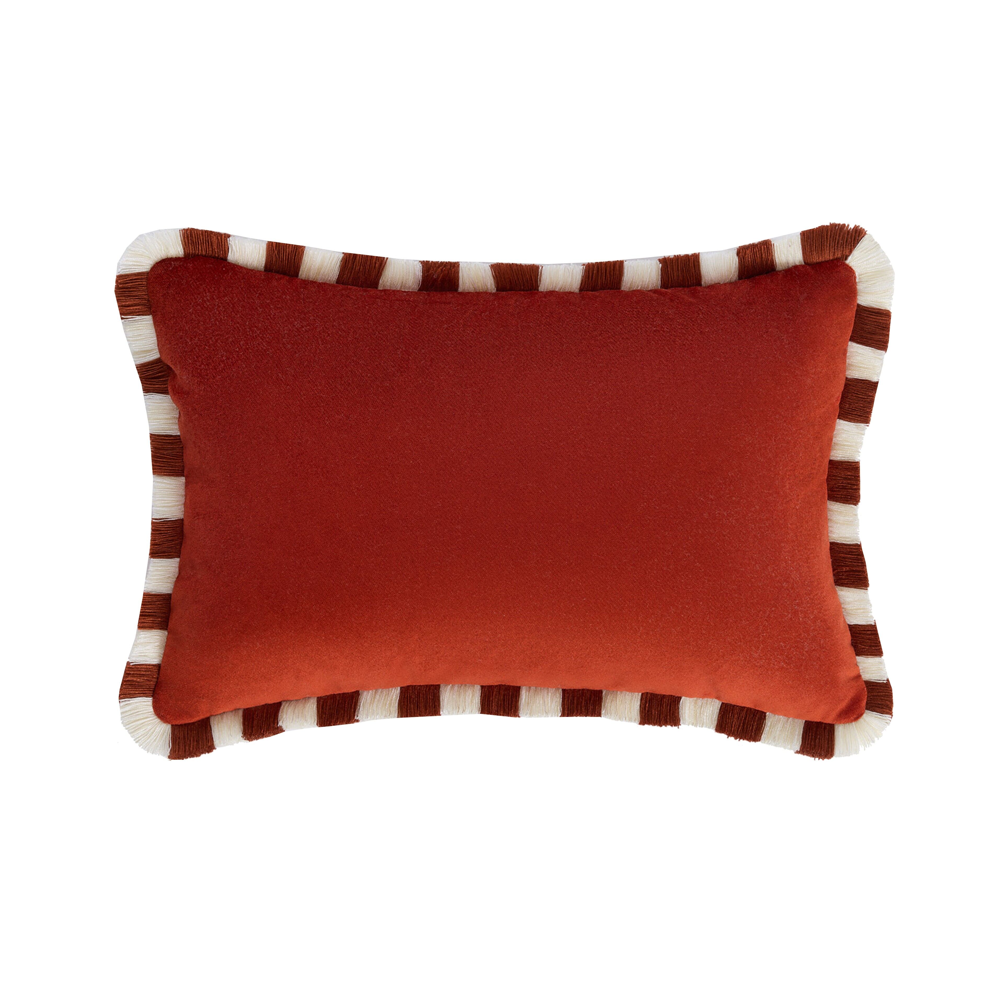 Bicolor Happy Cushion in Brick Velvet with Brick and White Fringes