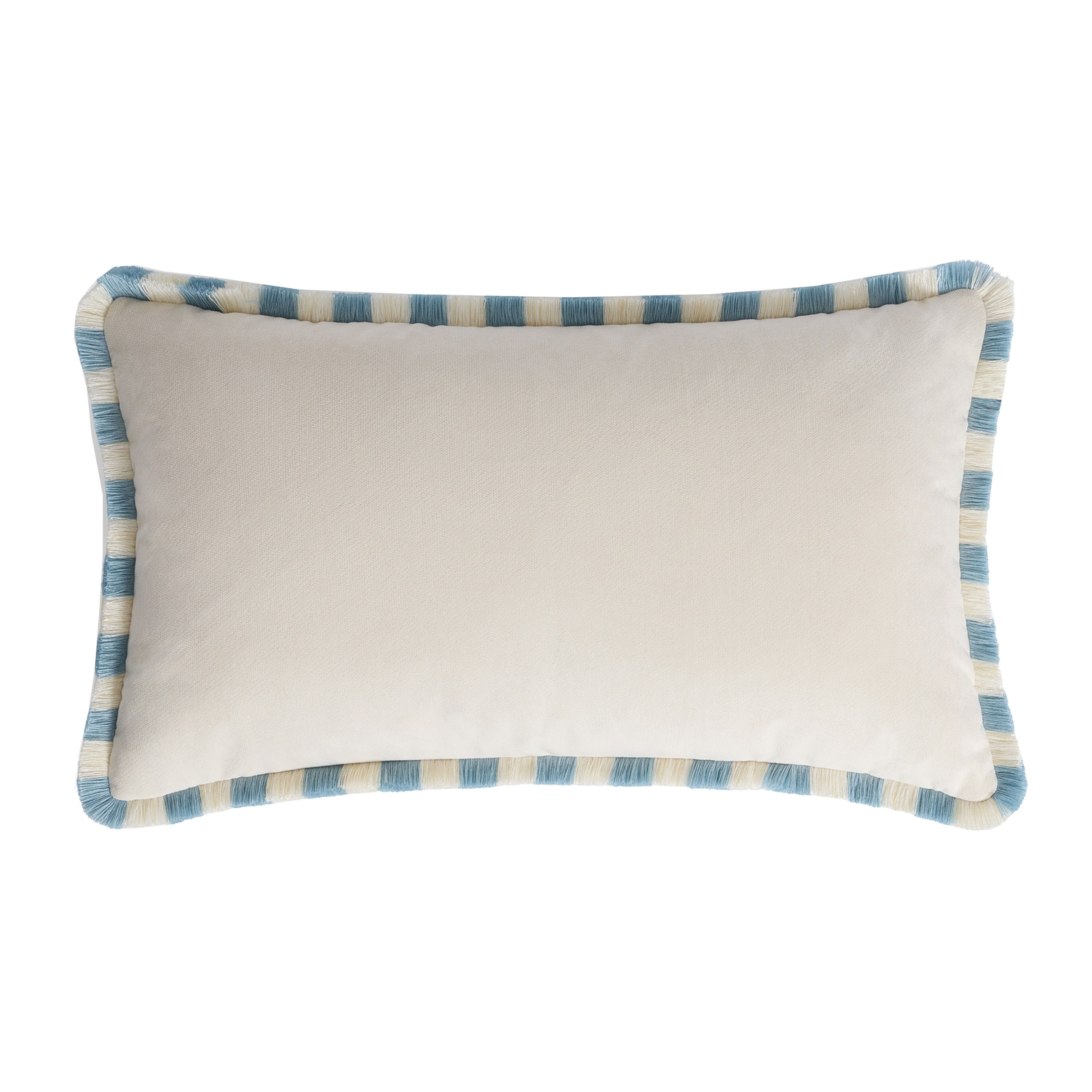 Bicolor Happy Cushion in White Velvet with Light Blue and White Fringes