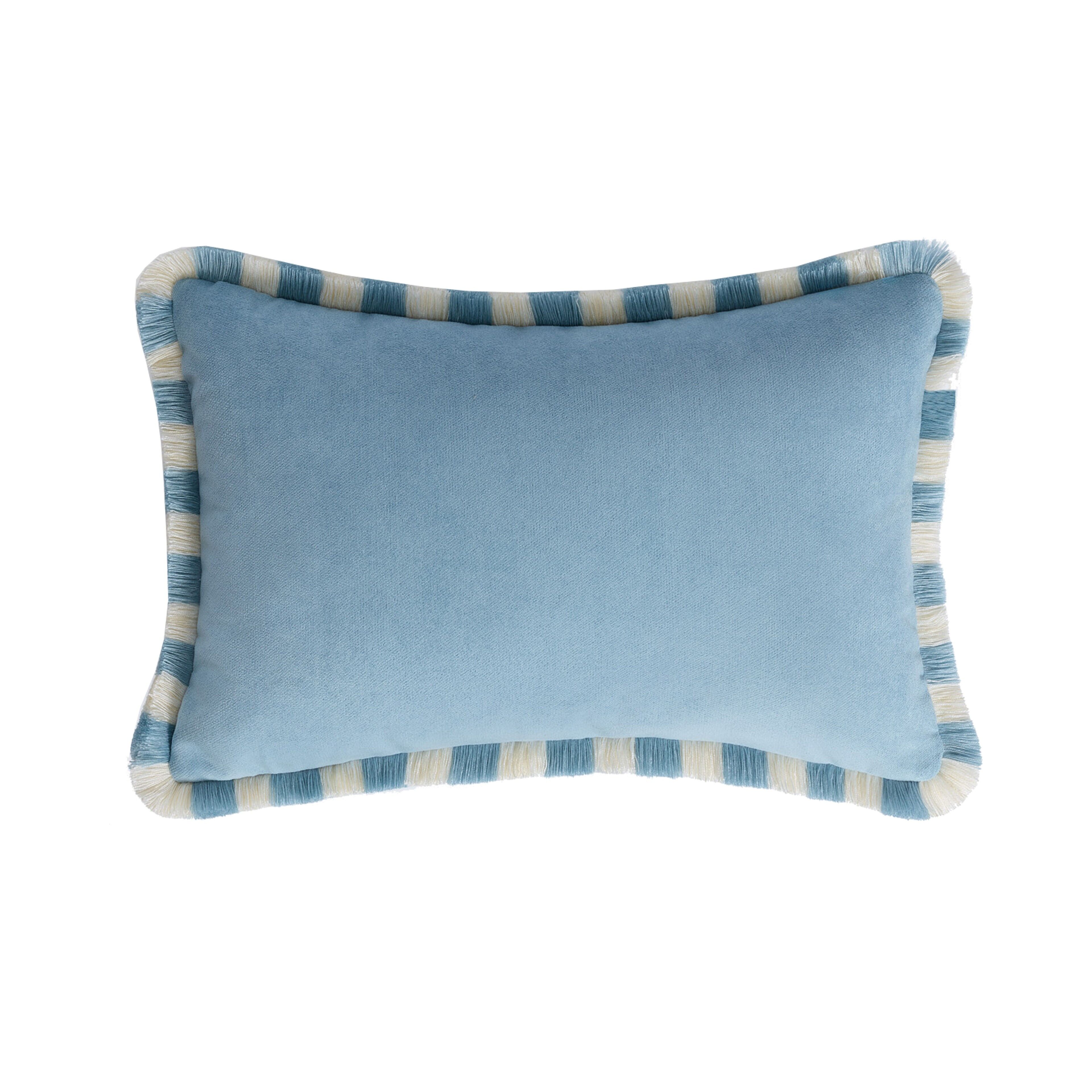 Bicolor Happy Cushion in Light Blue Velvet with Light Blue and White Fringes