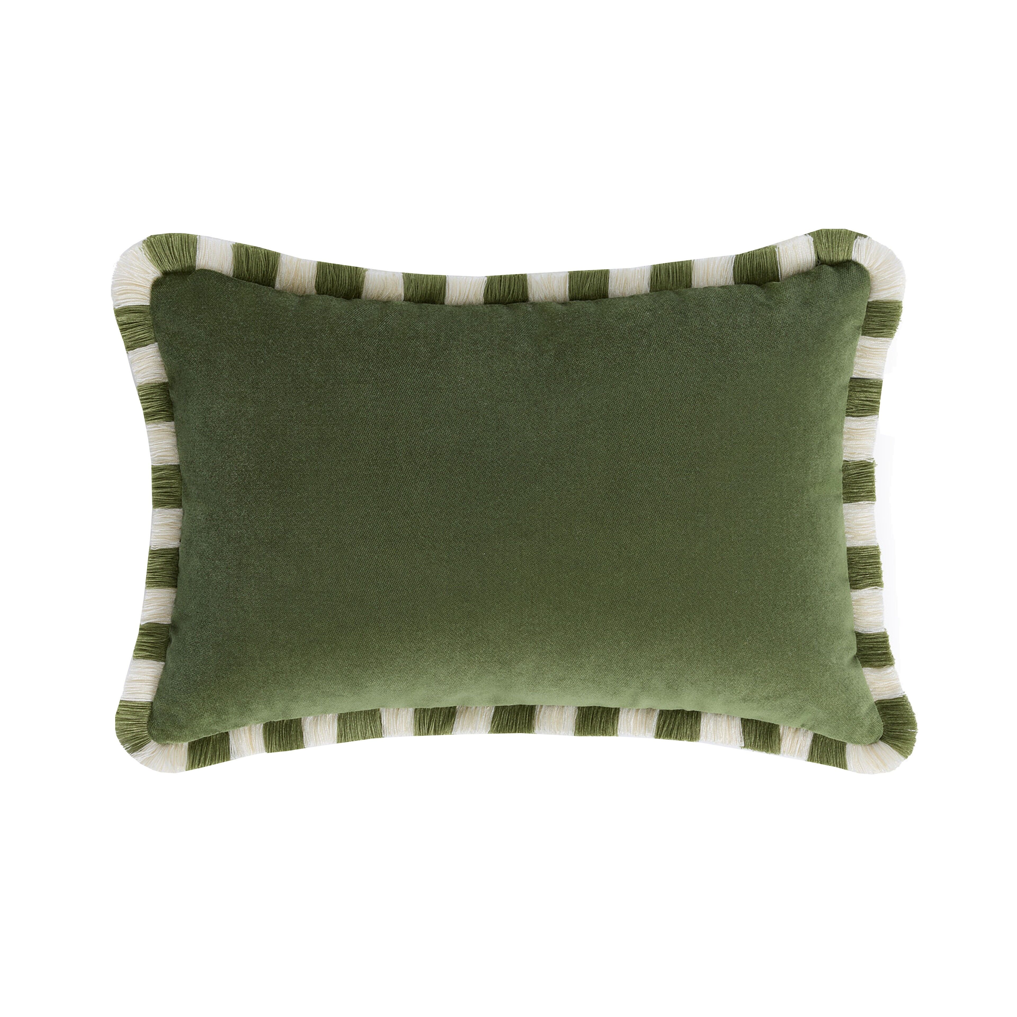 Bicolor Happy Cushion in Green Velvet with Green and White Fringes