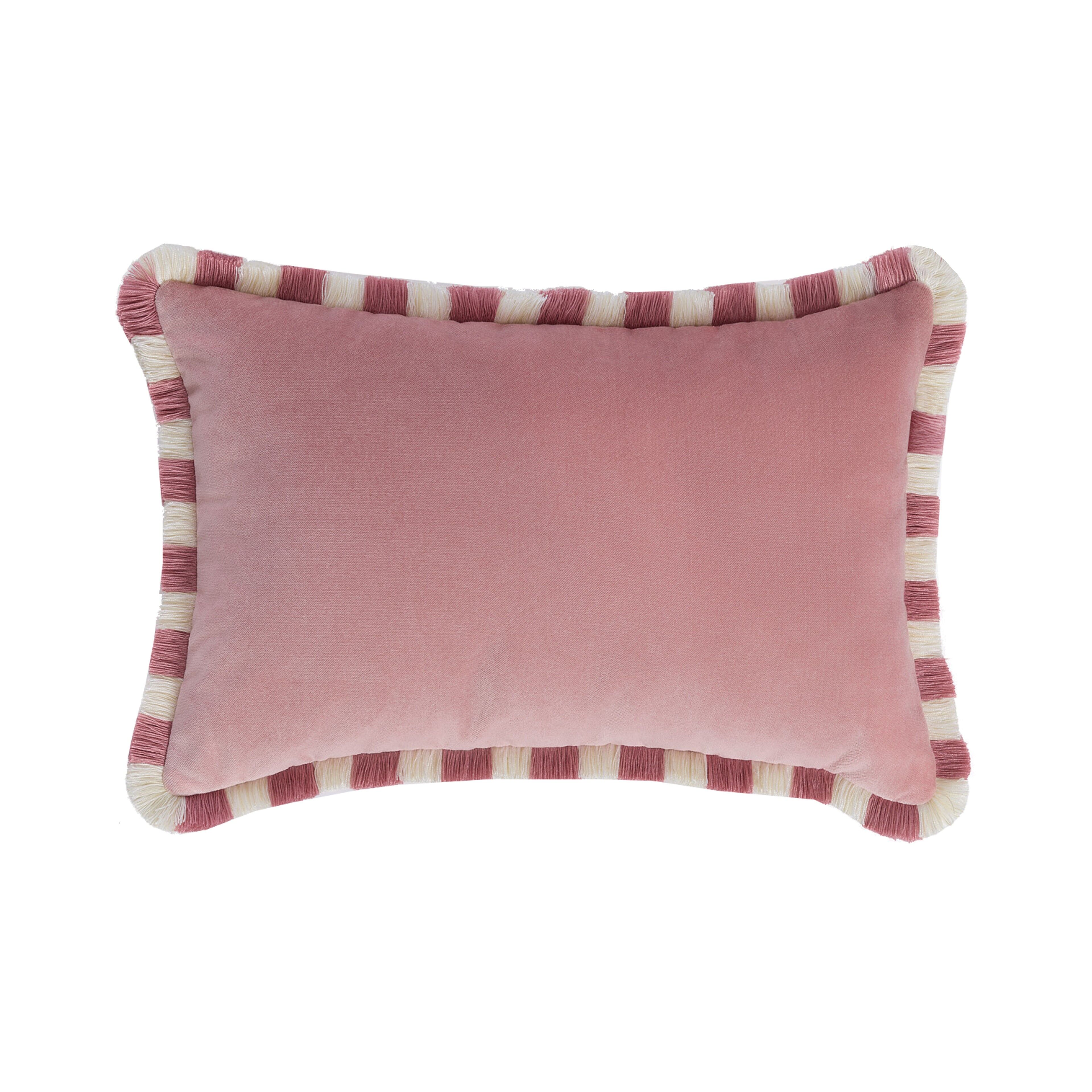 Bicolor Happy Cushion in White Velvet with Pink and White Fringes