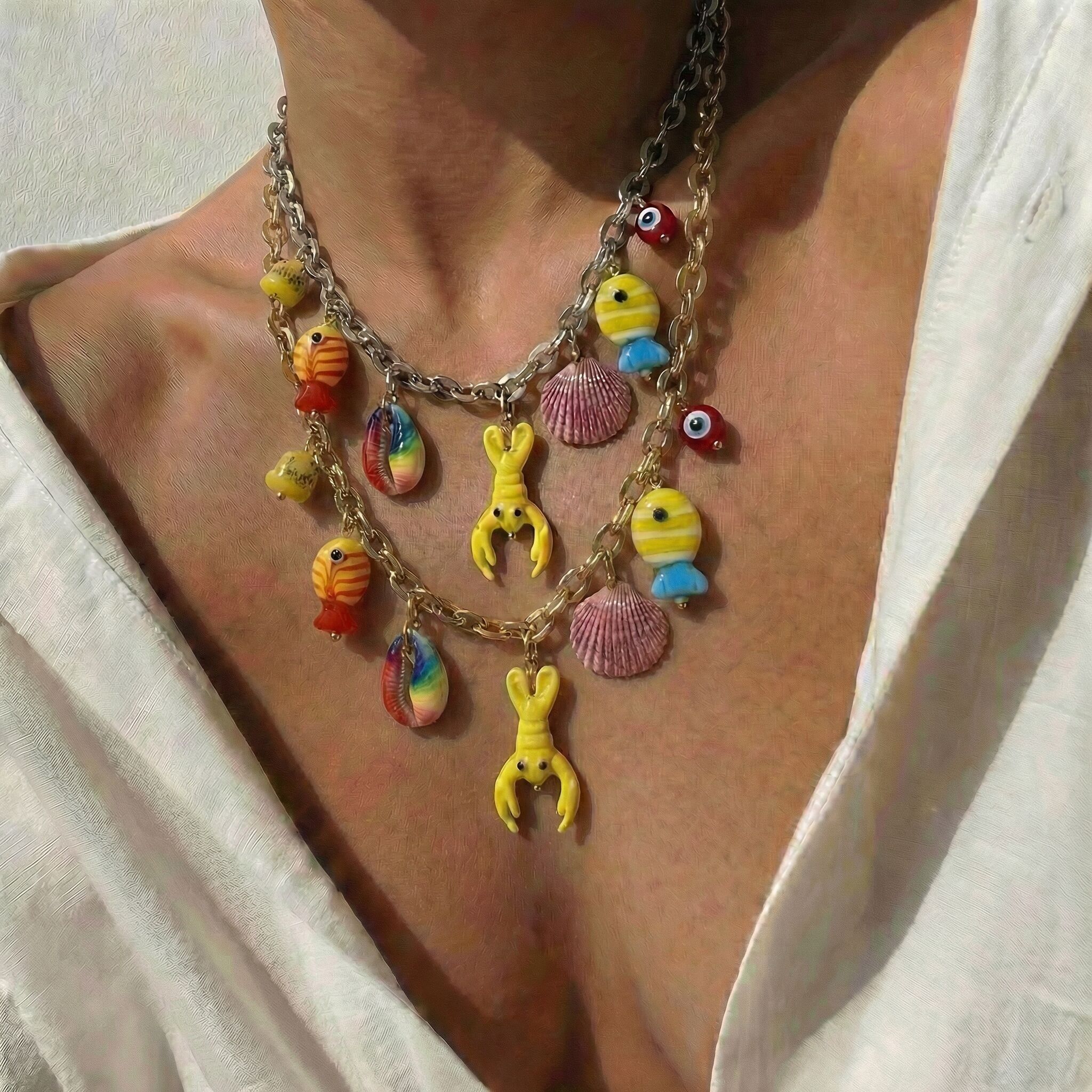 Seaside Rainbow Charm Necklaces with Fish & Shells
