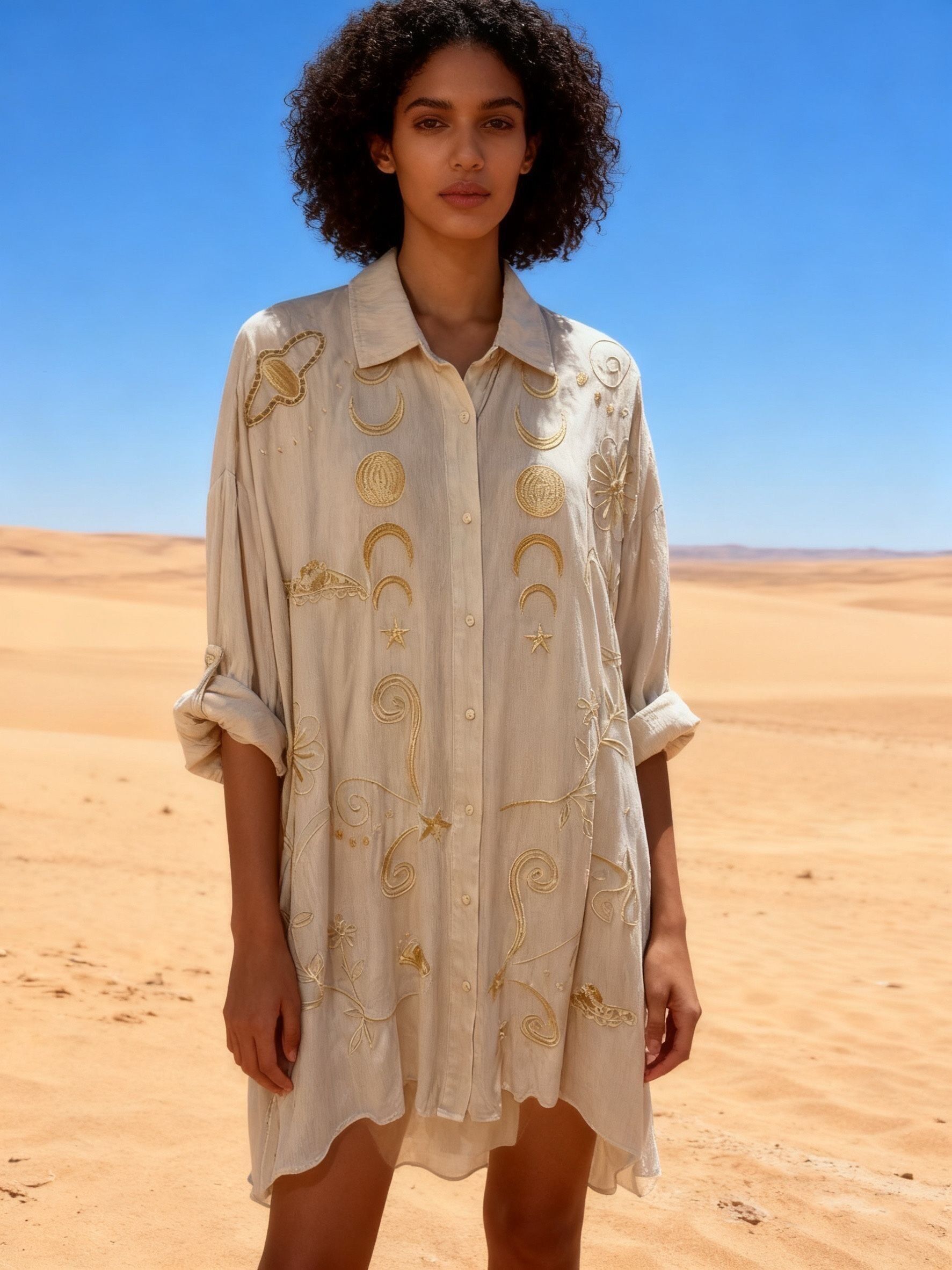 Shirt dress with embroidery, V-neck, flared cut